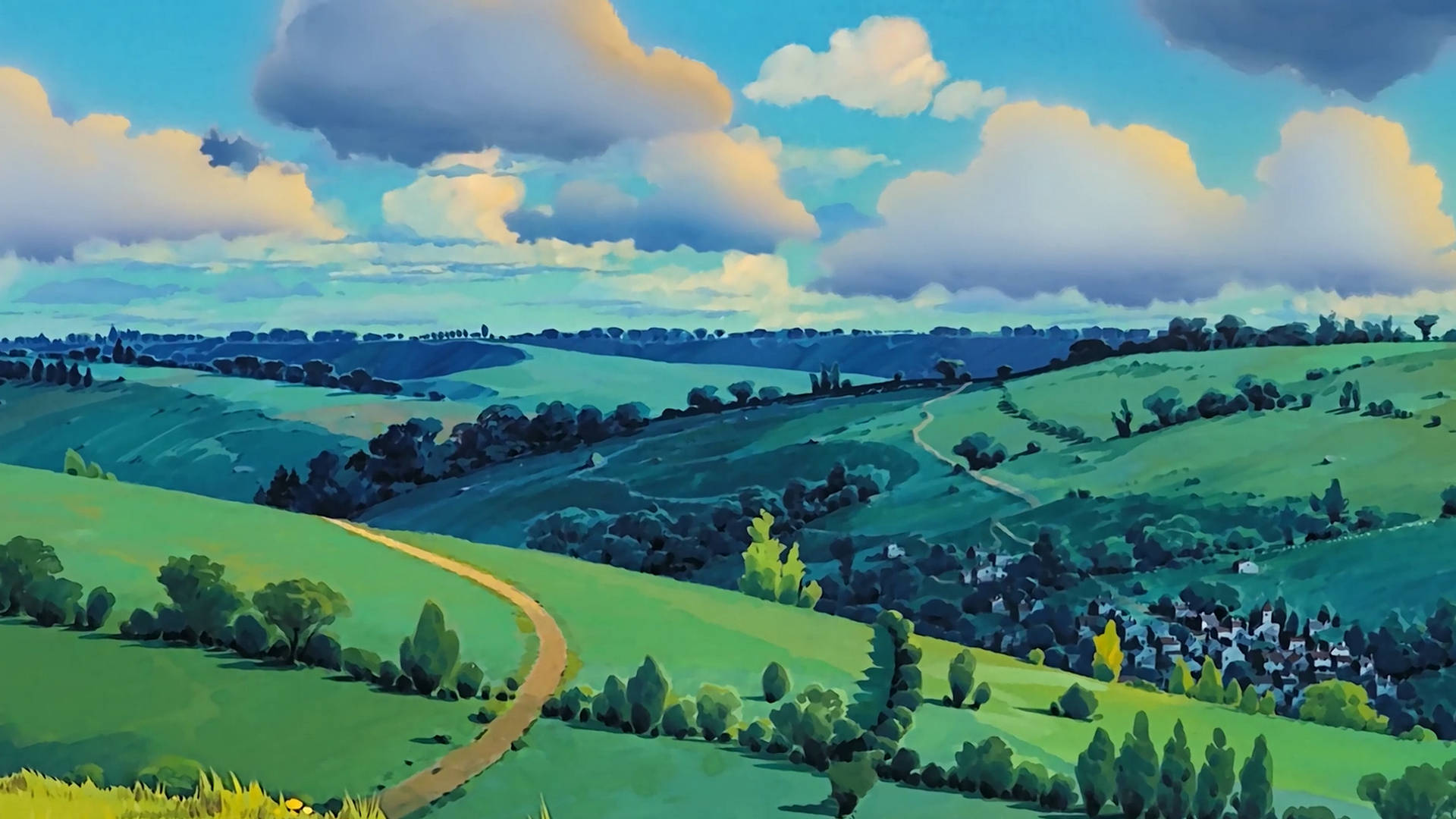 蜿蜒的道路穿過綠色山丘，遠處有村莊，天空多雲。