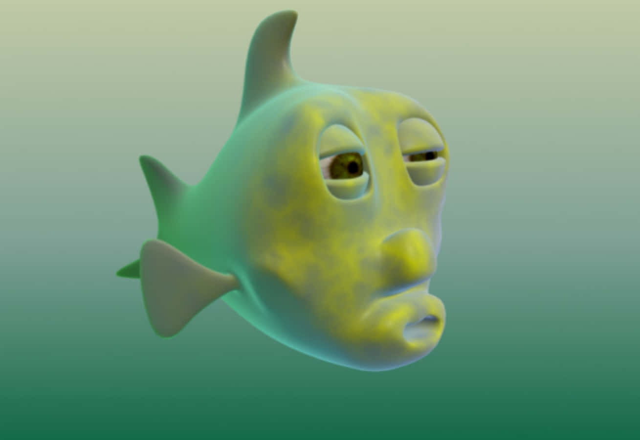 綠色卡通人形魚 壁紙 — 一條3D渲染的魚，有著類似人類的臉，漂浮在漸變的藍綠色水中，眼神疲憊。