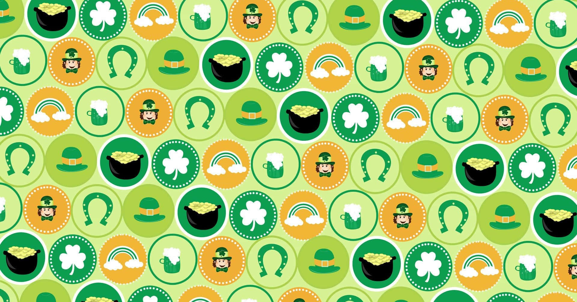 Saint Patricks Day 桌布 壁紙 — 綠色和橙色圓圈中重複出現聖帕特里克節圖標，如金鍋、彩虹和小妖精。