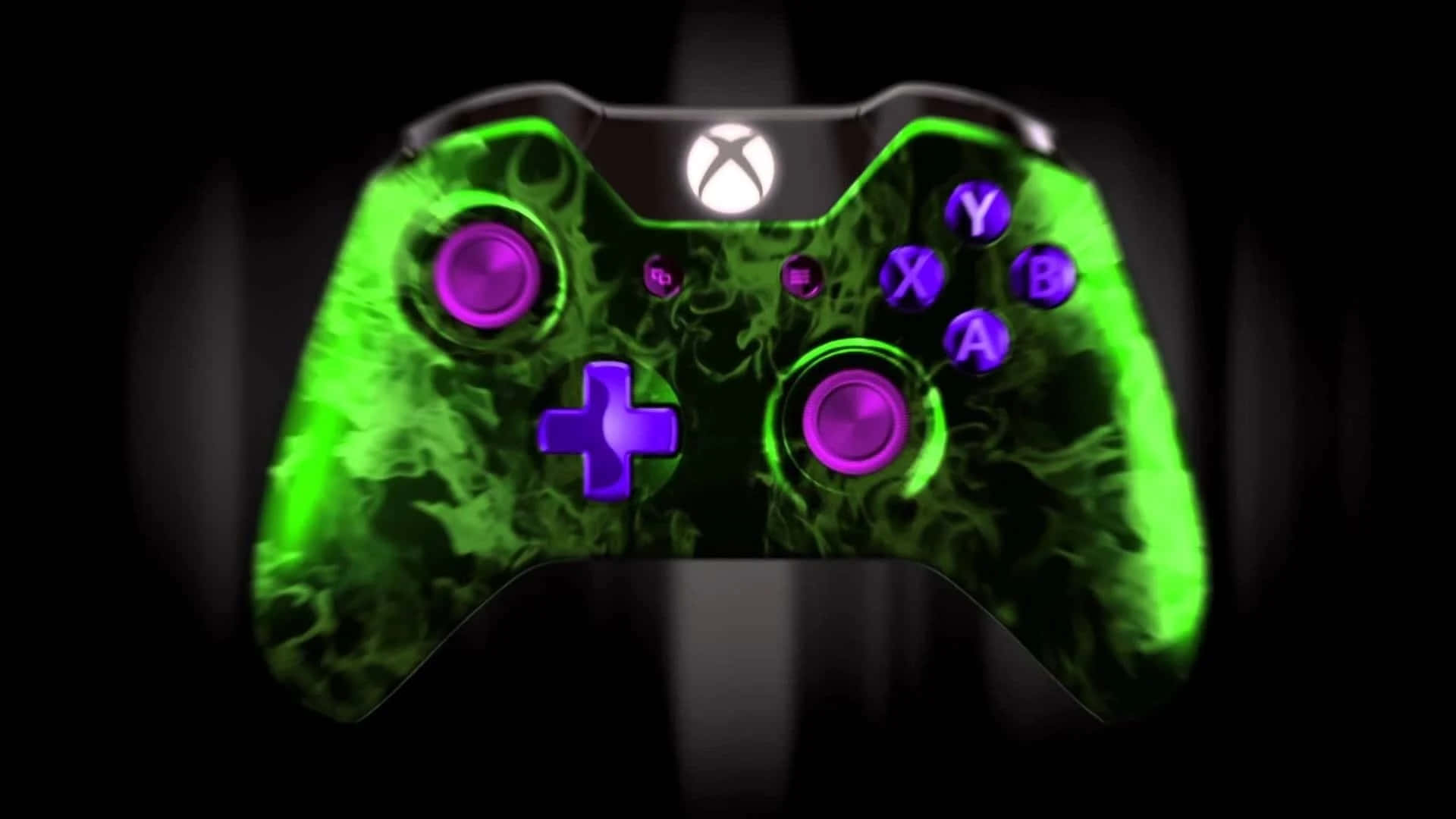 綠色和紫色的Xbox手掣，黑色背景 壁紙