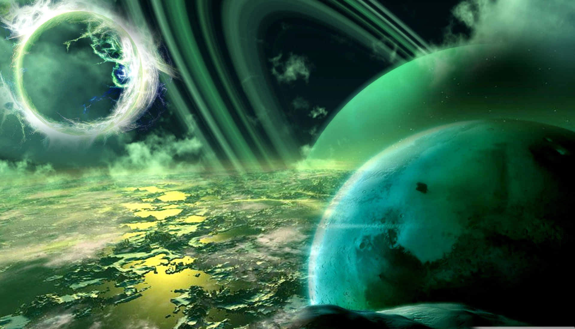 一顆發光的外星行星懸浮在一個超現實的綠色景觀之上，有浮空大陸。