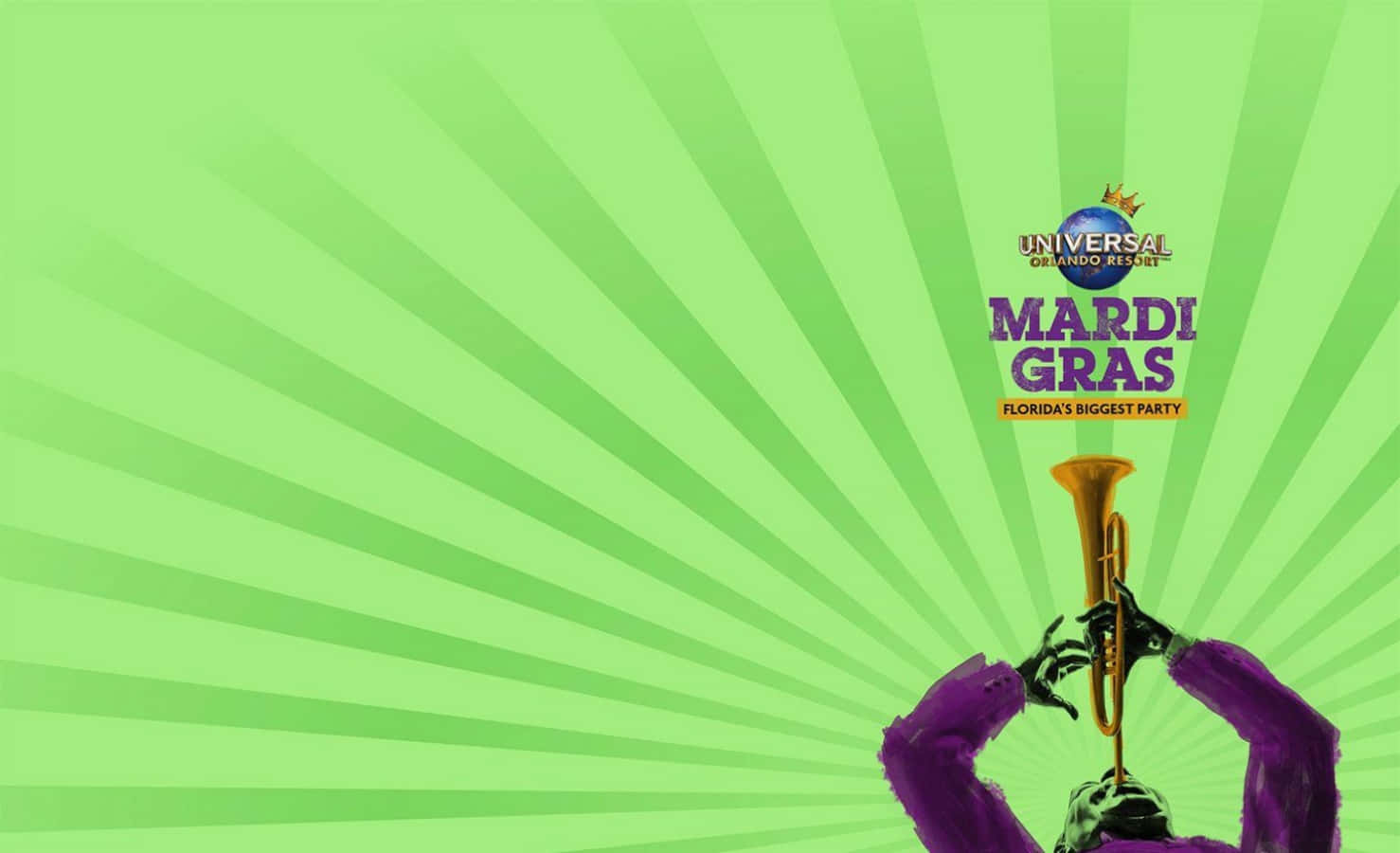 綠色嘉年華吹小號的Mardi Gras 壁紙 — 一個身穿紫色服裝的人物在充滿活力的綠色太陽爆發背景下吹奏金色喇叭，宣傳環球奧蘭多度假村的狂歡節。