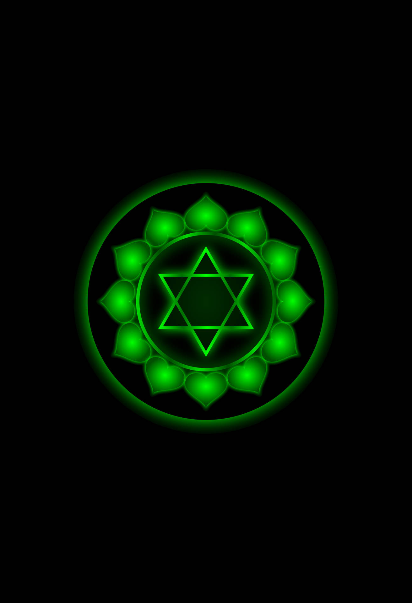 發光綠色大衛之星配蓮花瓣在黑色背景上
