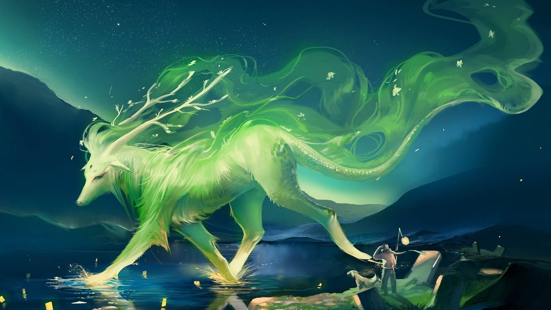 一隻發光的綠色狐狸從水中躍起，一個人在星空下觀看。