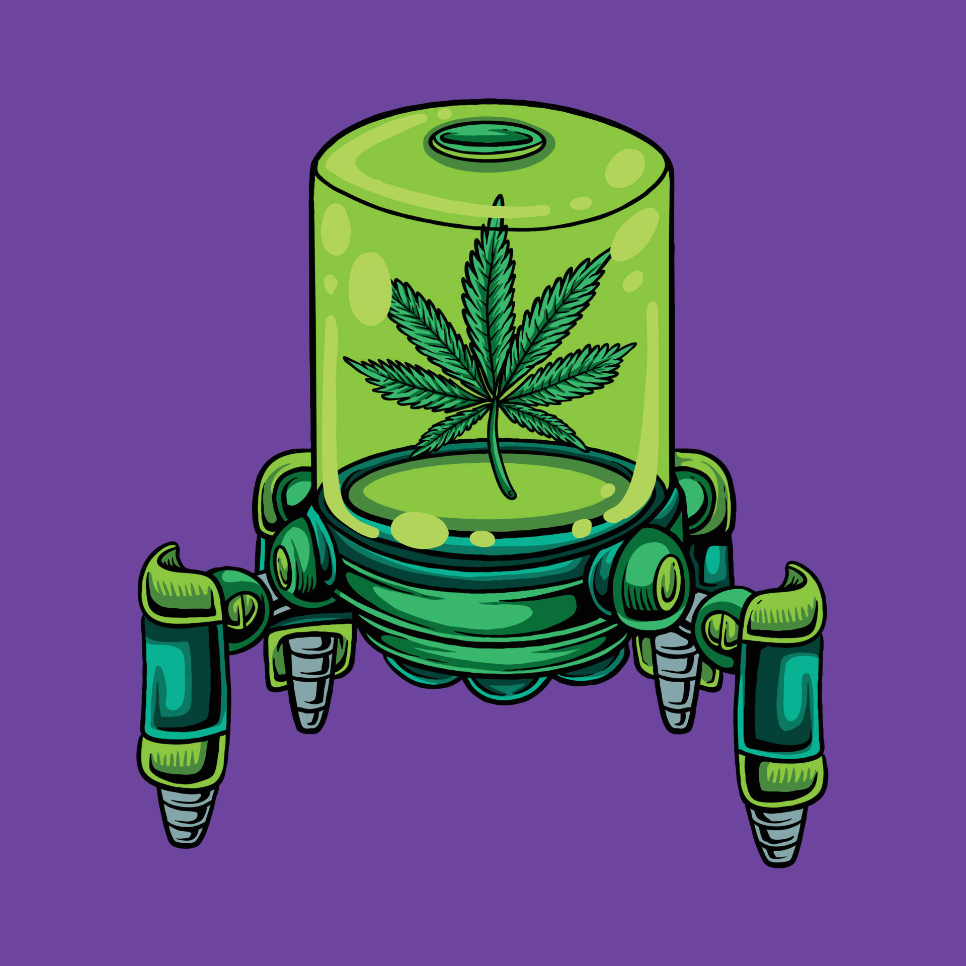 一個機械莢艙，裡面有一片大麻葉，背景為紫色。