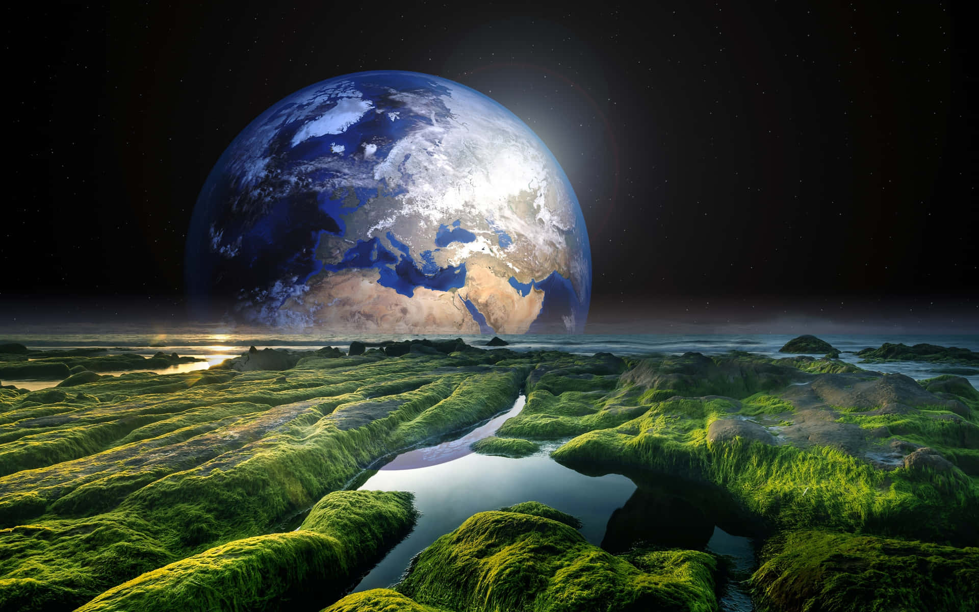 一顆發光的地球懸掛在茂密的苔蘚地形之上，河流在星空下流淌。