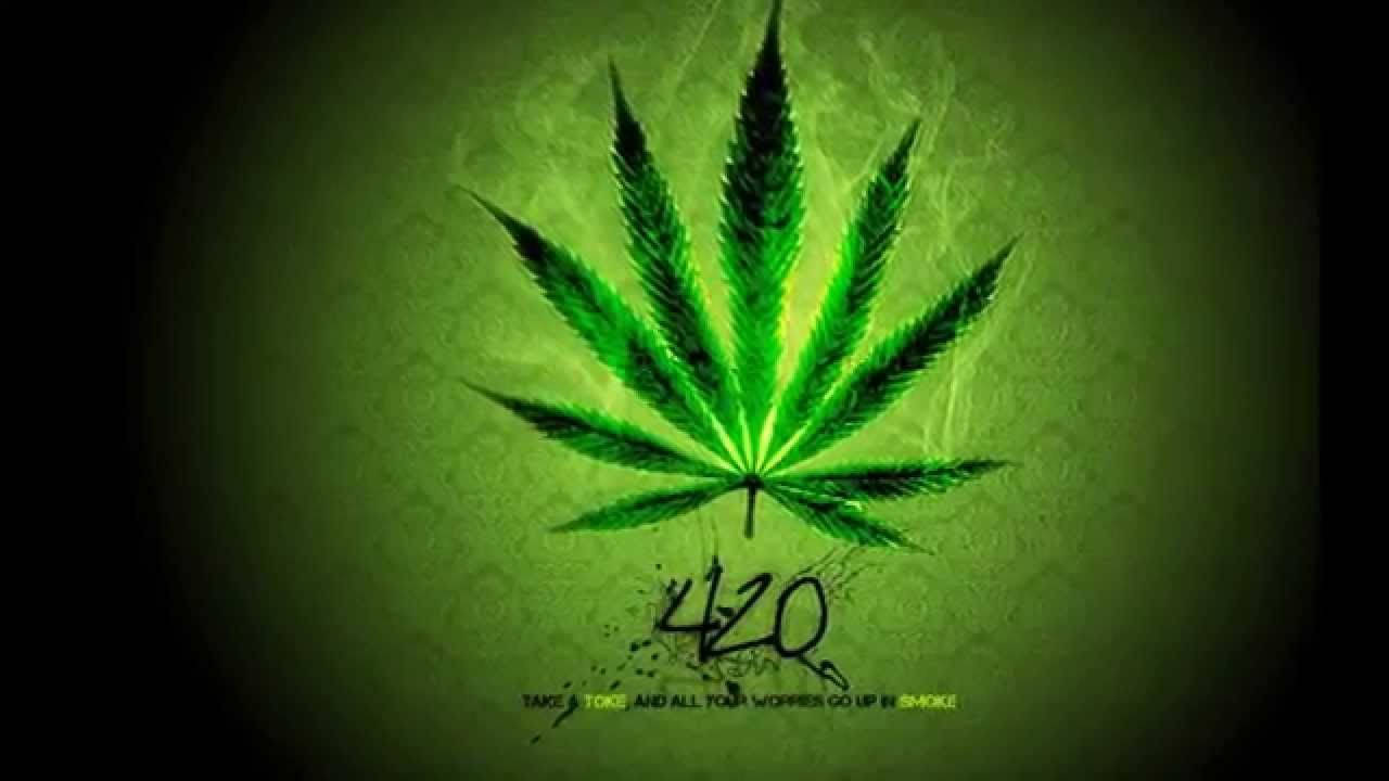 發光的綠色大麻葉與「420」塗鴉，深綠色紋理背景。