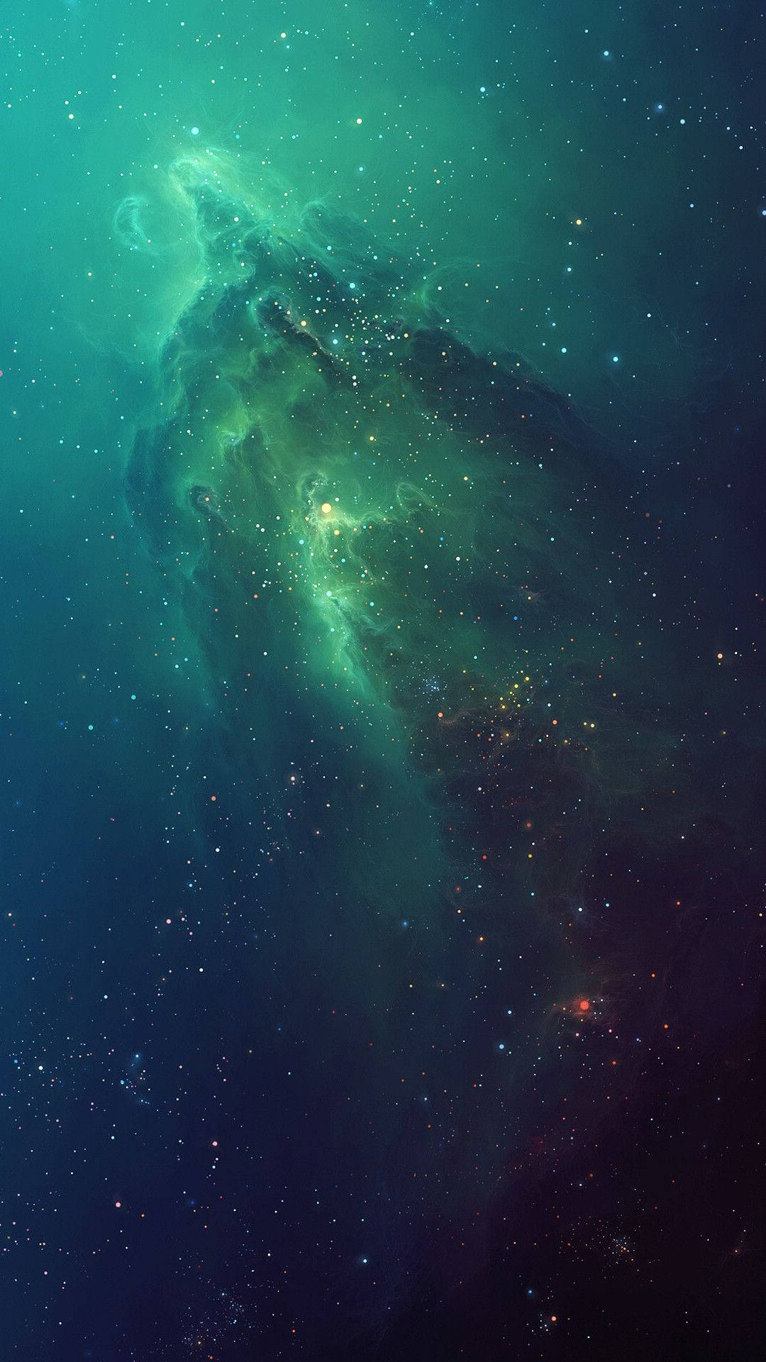 在浩瀚太空中充滿星星的發光綠色星雲。