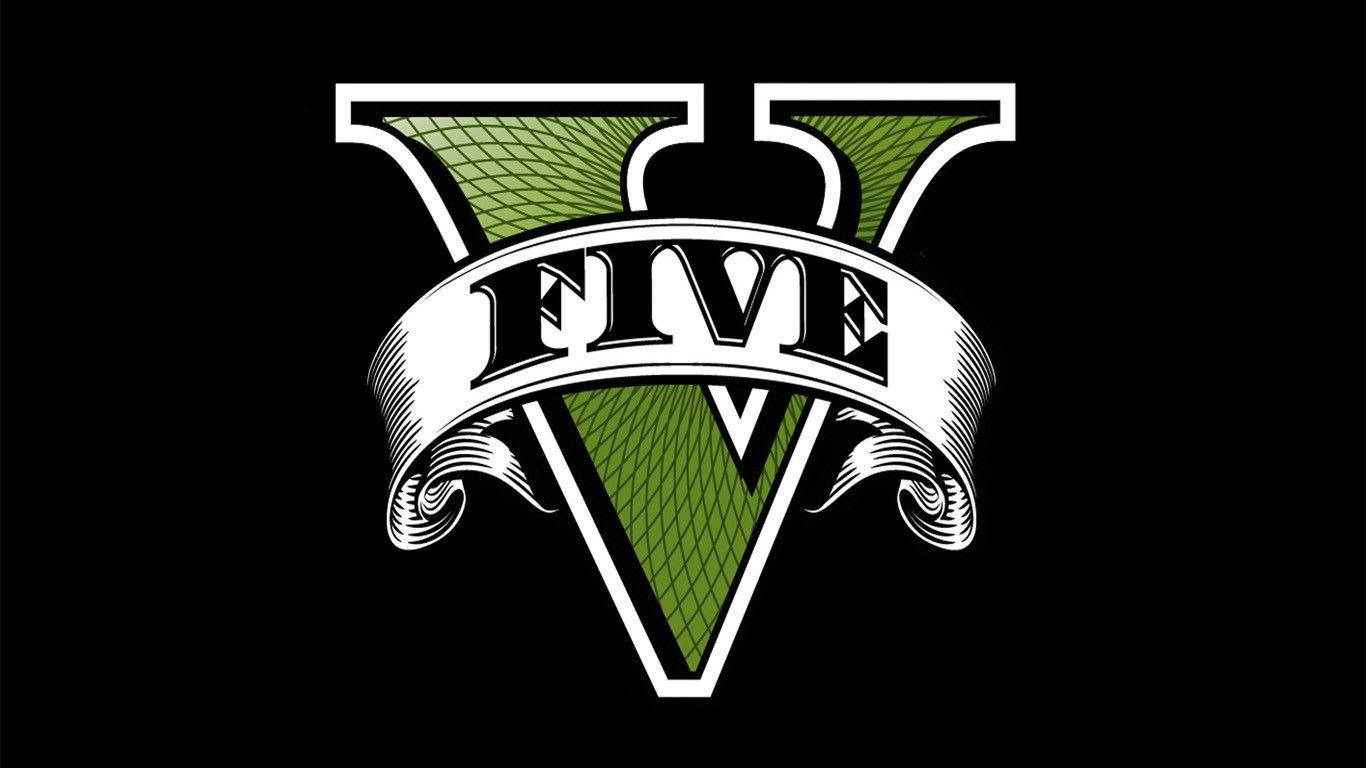 綠色字母V配數字五 壁紙 — 一個大膽的綠色和白色風格化嘅 'V' 標誌，上面有一條帶有 'FIVE' 字樣嘅絲帶，背景係黑色。