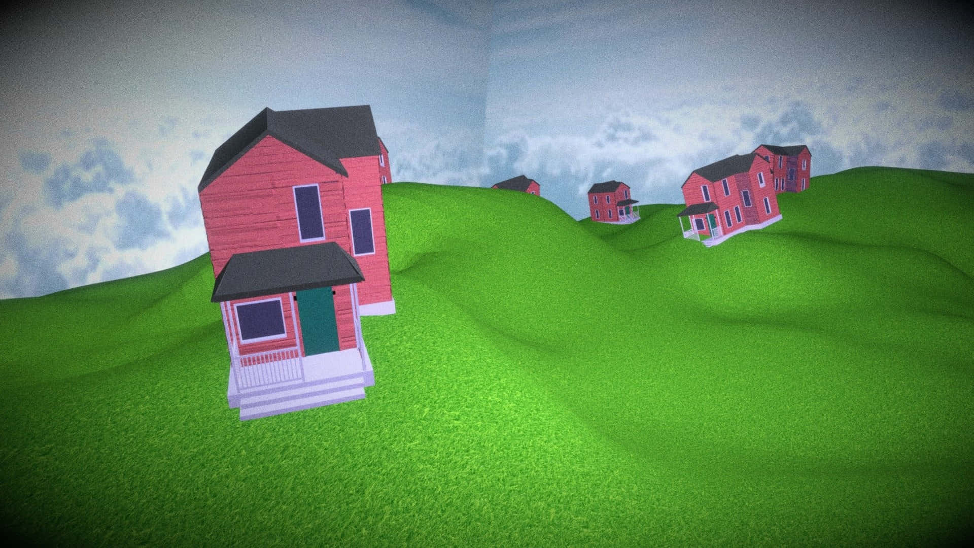 綠色山丘上的房屋3D圖像 壁紙