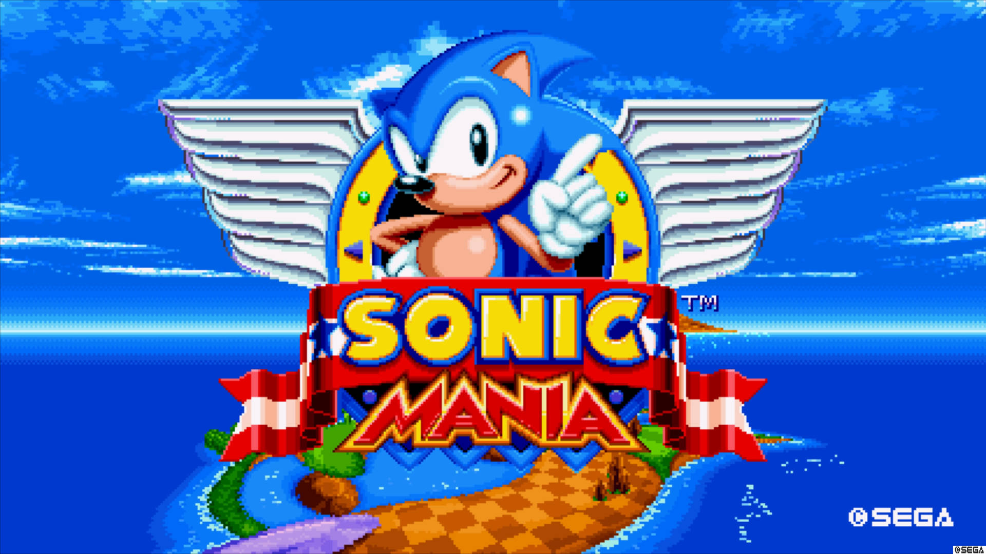 有翼嘅Sonic the Hedgehog喺遊戲標題畫面豎起拇指。