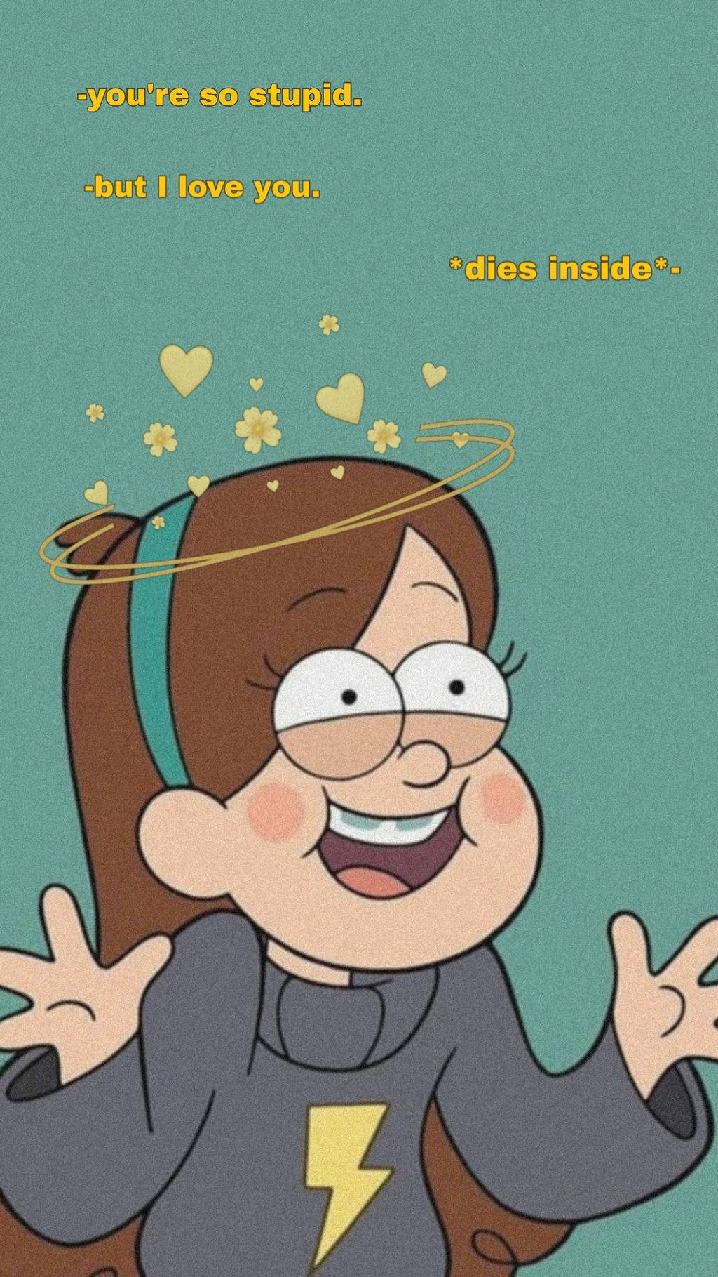 綠色愛心藝術 Mabel Pines 壁紙 — 一個快樂的卡通女孩，棕色頭髮，穿著閃電T恤，當心形和花朵在她頭頂旋轉時，她洋溢著喜悅。