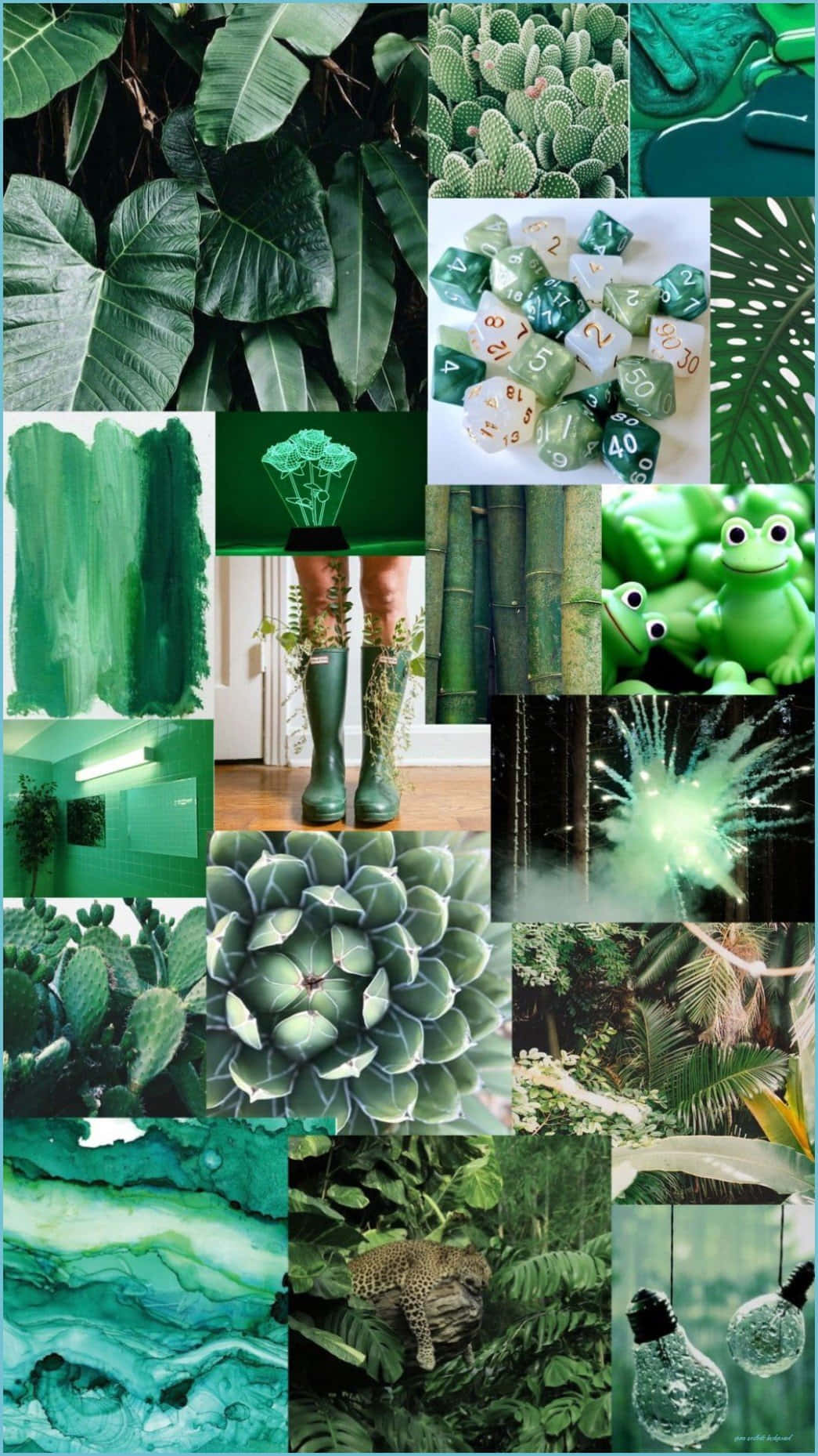 以植物、青蛙和發光元素為特色的綠色拼貼畫，展現叢林美學。