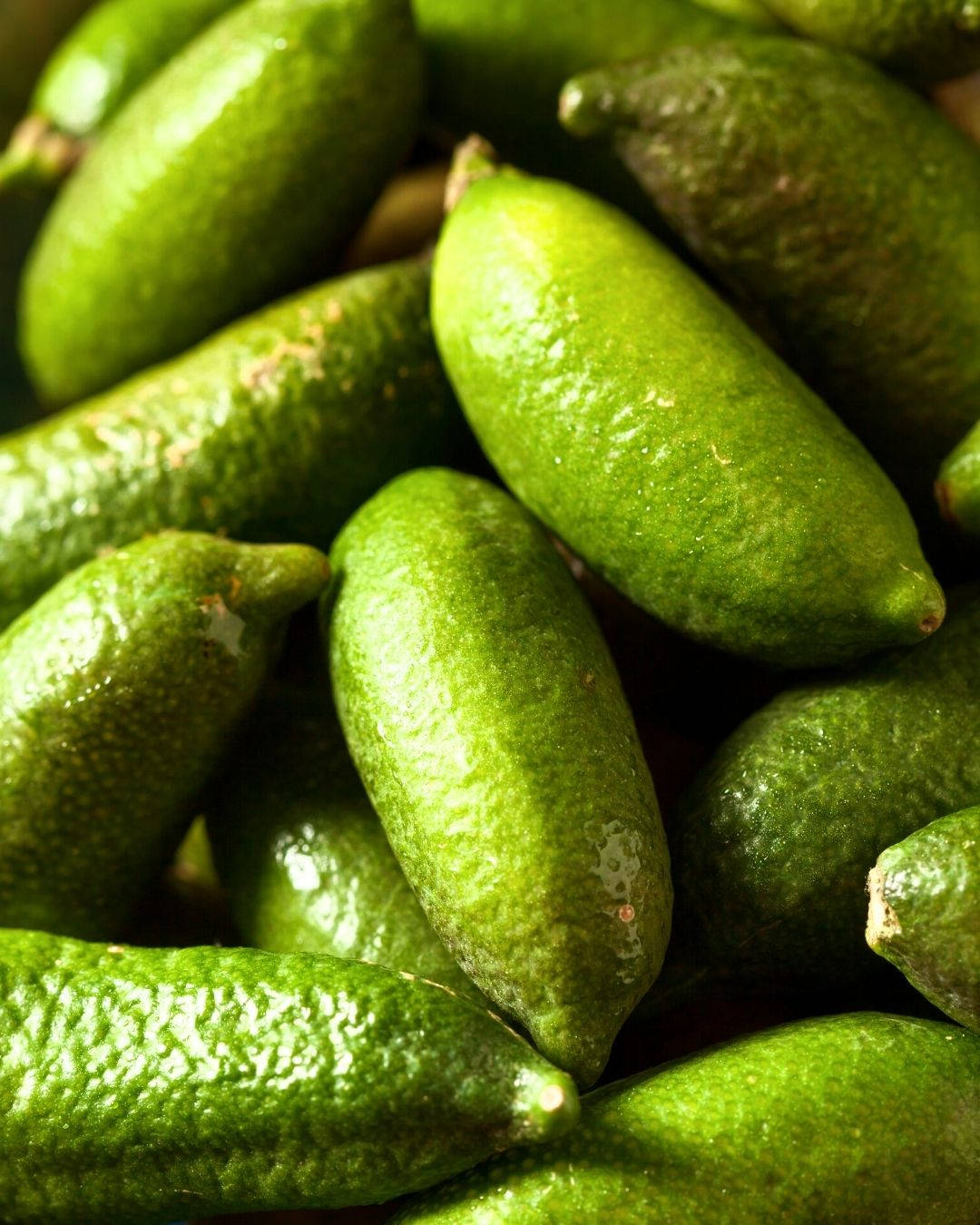 綠色指 lime 壁紙 — 鮮綠色青檸的特寫，表皮帶有紋理，堆疊在一起，捕捉柔和光線。