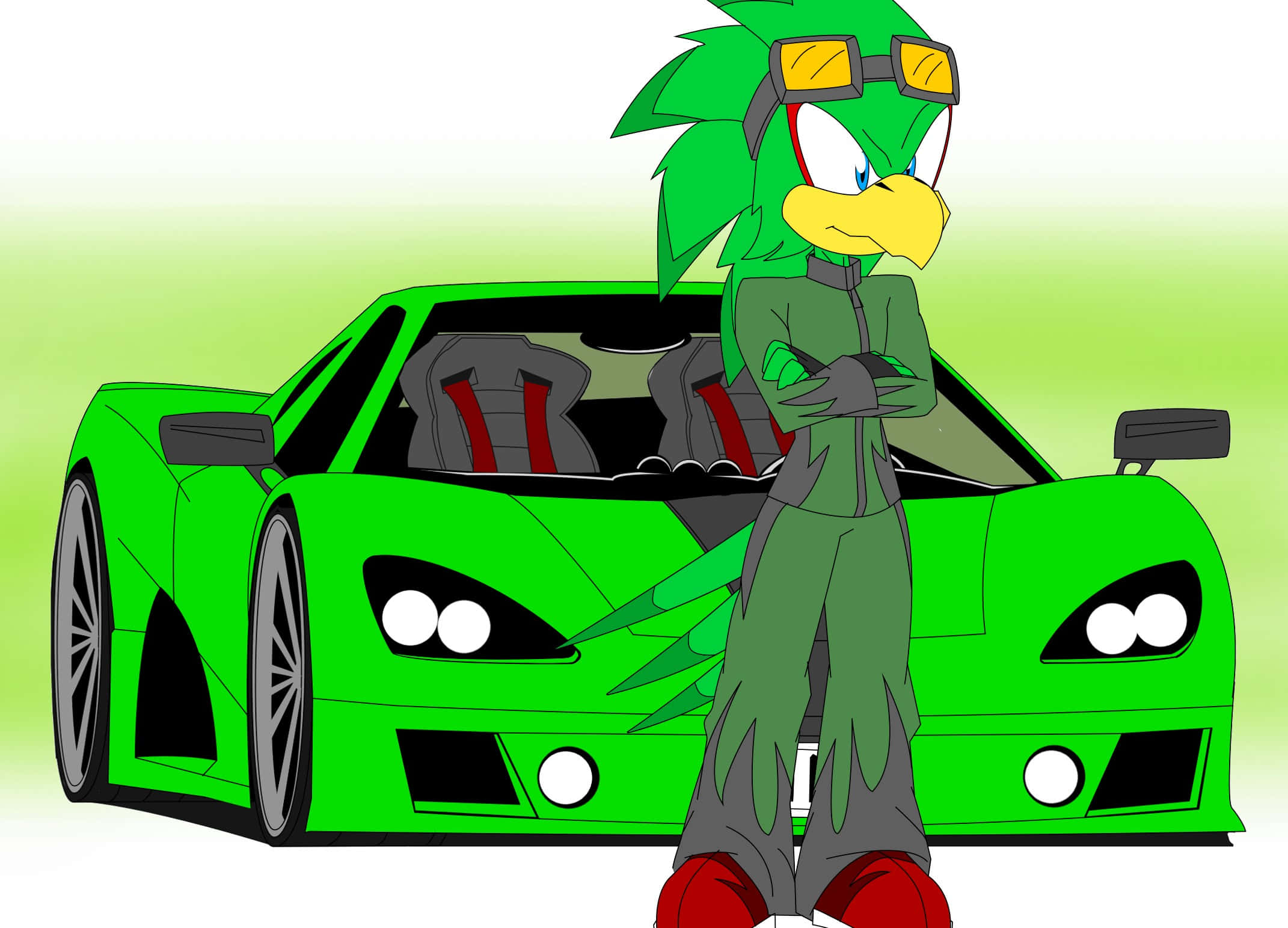 Jet The Hawk 桌布 壁紙 — 綠色擬人化鳥類戴著護目鏡，雙手交叉站立，旁邊是一輛相配的綠色跑車，背景為漸變色。