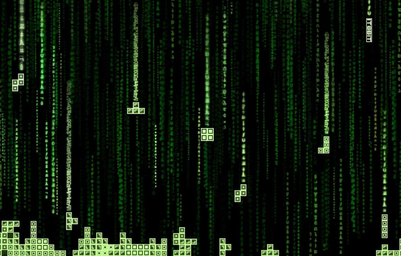 tetris 桌布 壁紙 — 綠色數碼代碼流如瀑布般傾瀉入黑色虛空，下方漂浮著發光的方形元素。