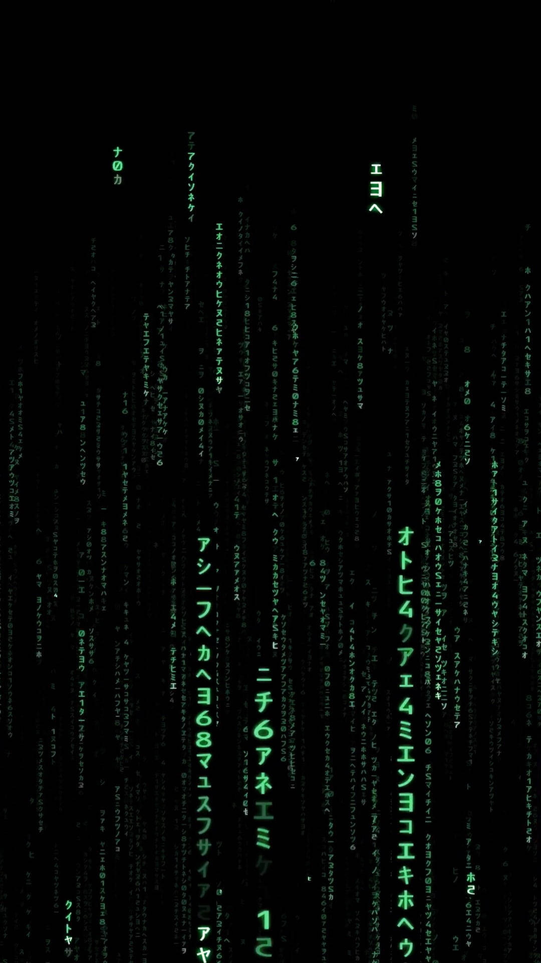 螢光綠 桌布 壁紙 — 綠色日文字串垂直流動在黑色背景上，呈現數位矩陣風格。