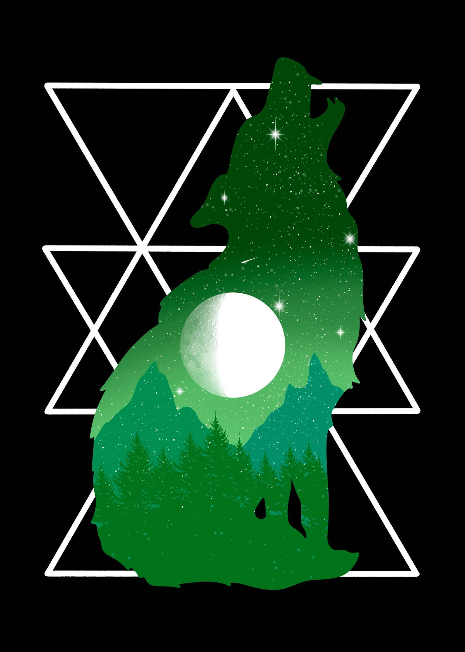 綠色星系狼剪影圖像 壁紙 — 一隻綠色狼剪影在滿月和松樹的襯托下，對著星空夜空嚎叫，其形狀被白色三角形框住。