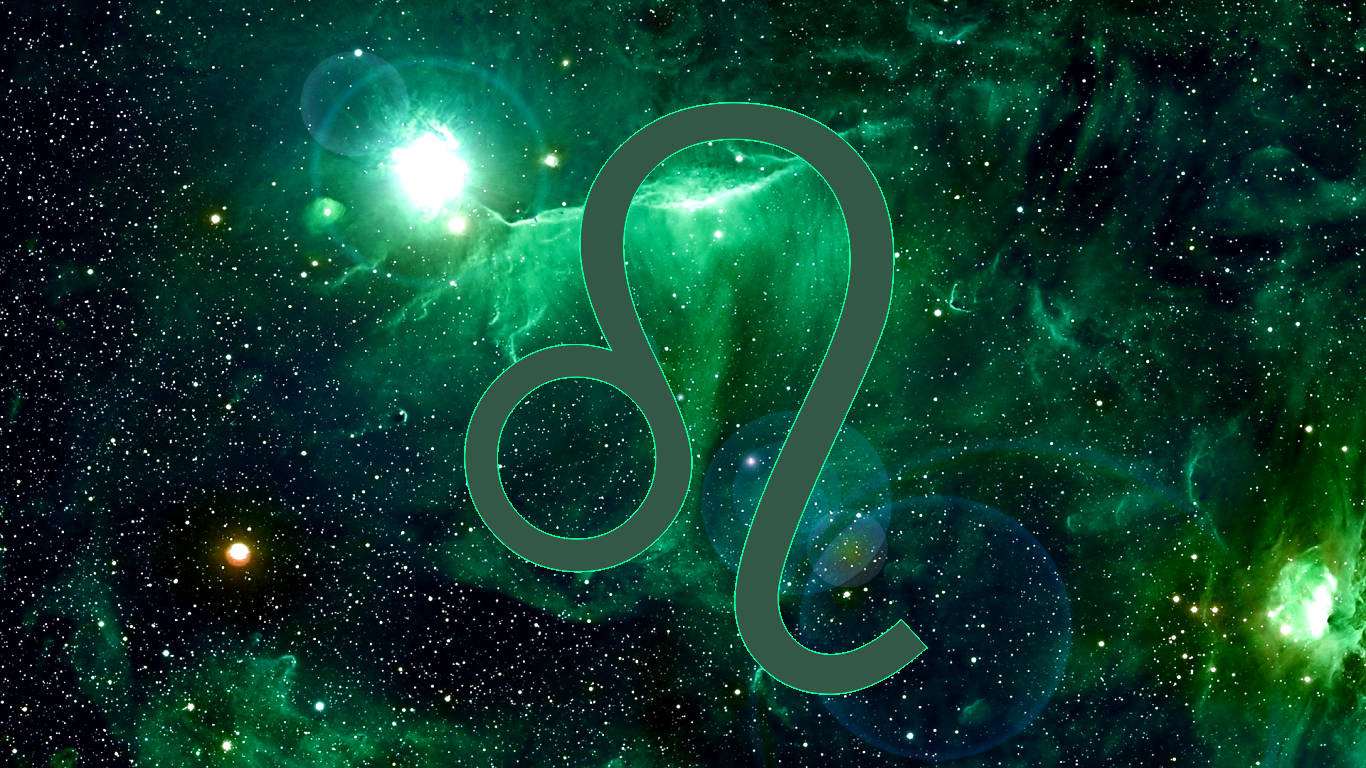 綠色獅子座符號，背景是星空宇宙。