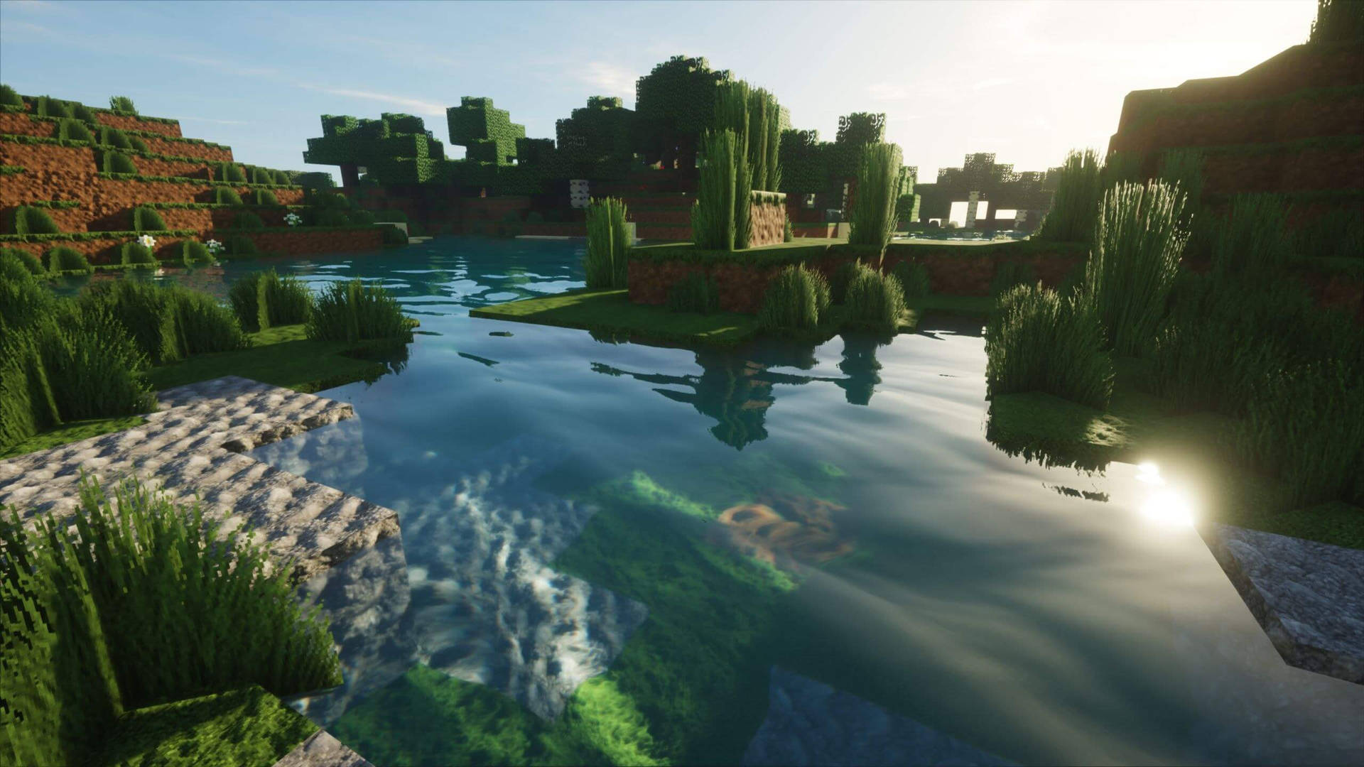 一個和平的Minecraft湖泊，周圍環繞著方塊樹木和草地，上方有明亮的太陽。