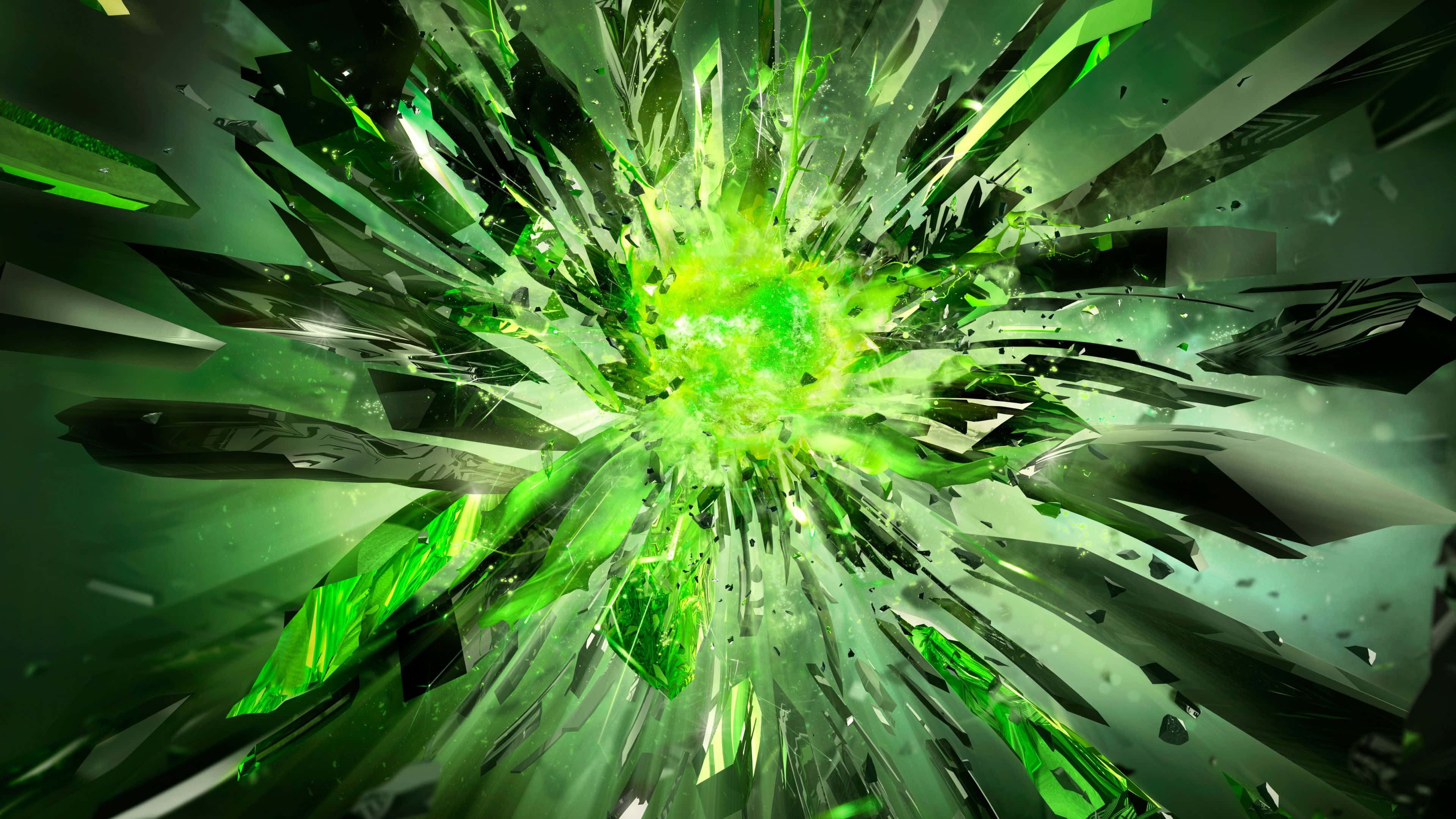 綠色晶體作為 NVIDIA 4K UHD 壁紙 — 充滿活力的綠色能量爆炸將玻璃碎片向外粉碎，形成動態的數位爆發。