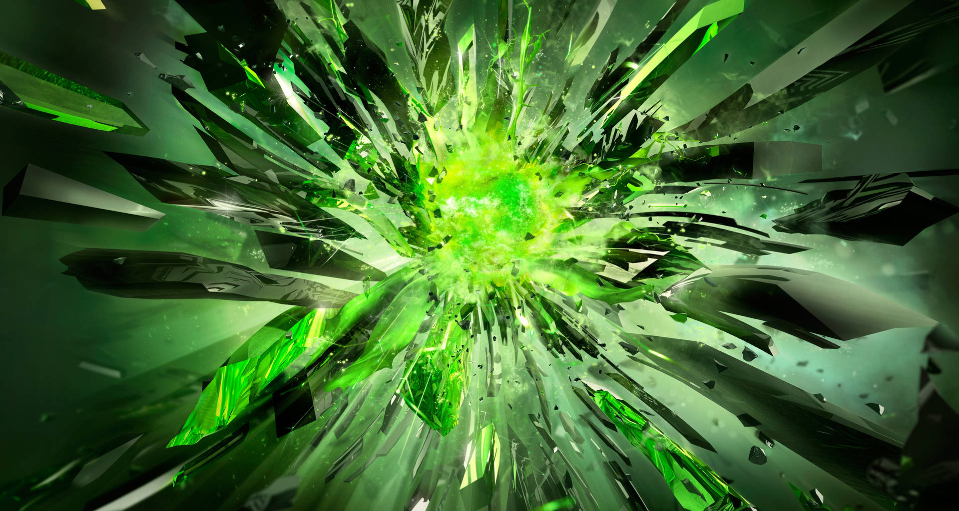綠色能量爆炸將水晶碎片向外粉碎。