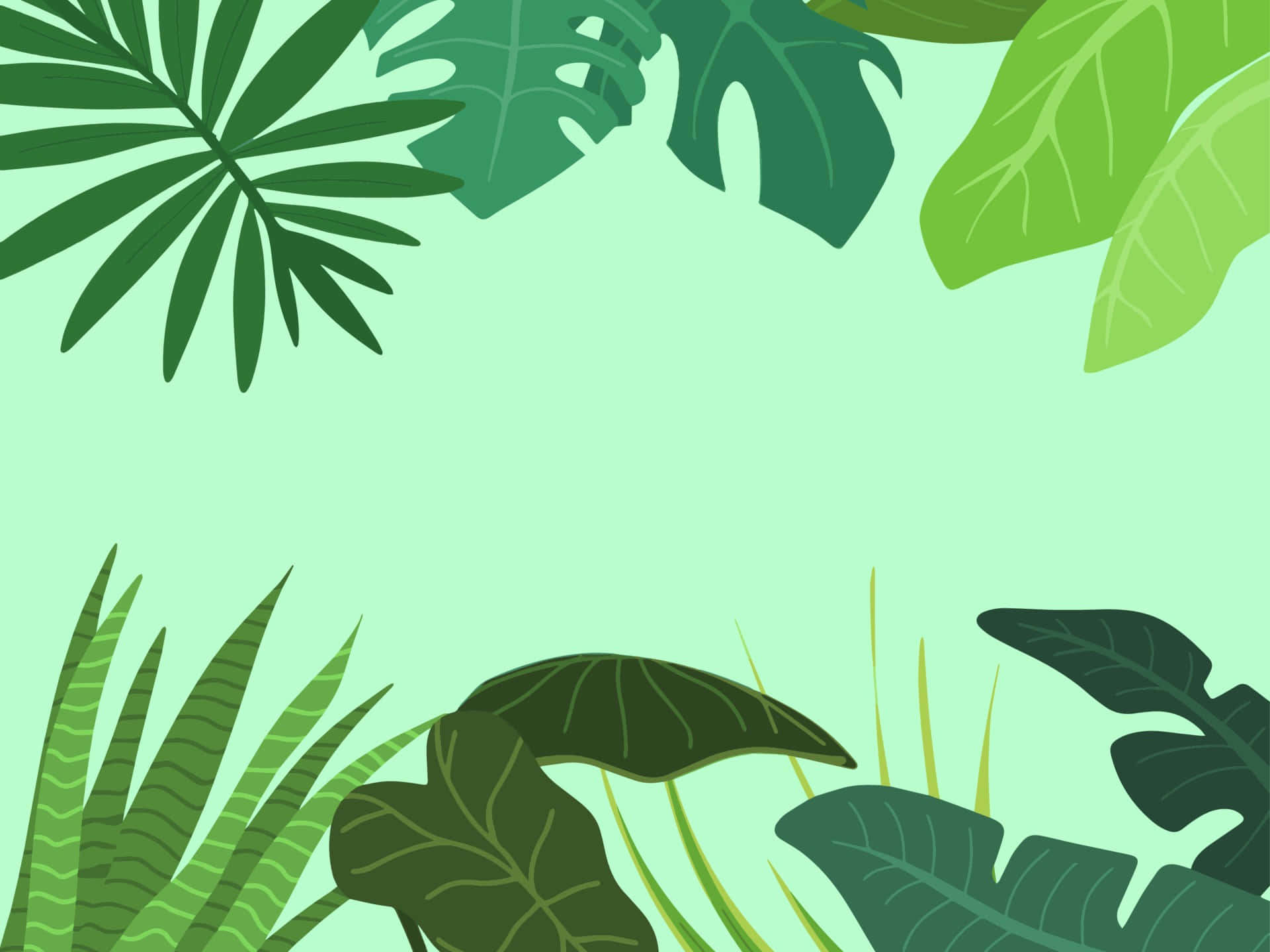綠色植物為任何空間增添生機與色彩 壁紙 — 充滿活力的熱帶葉片在風格化的植物插圖中環繞著薄荷綠背景。