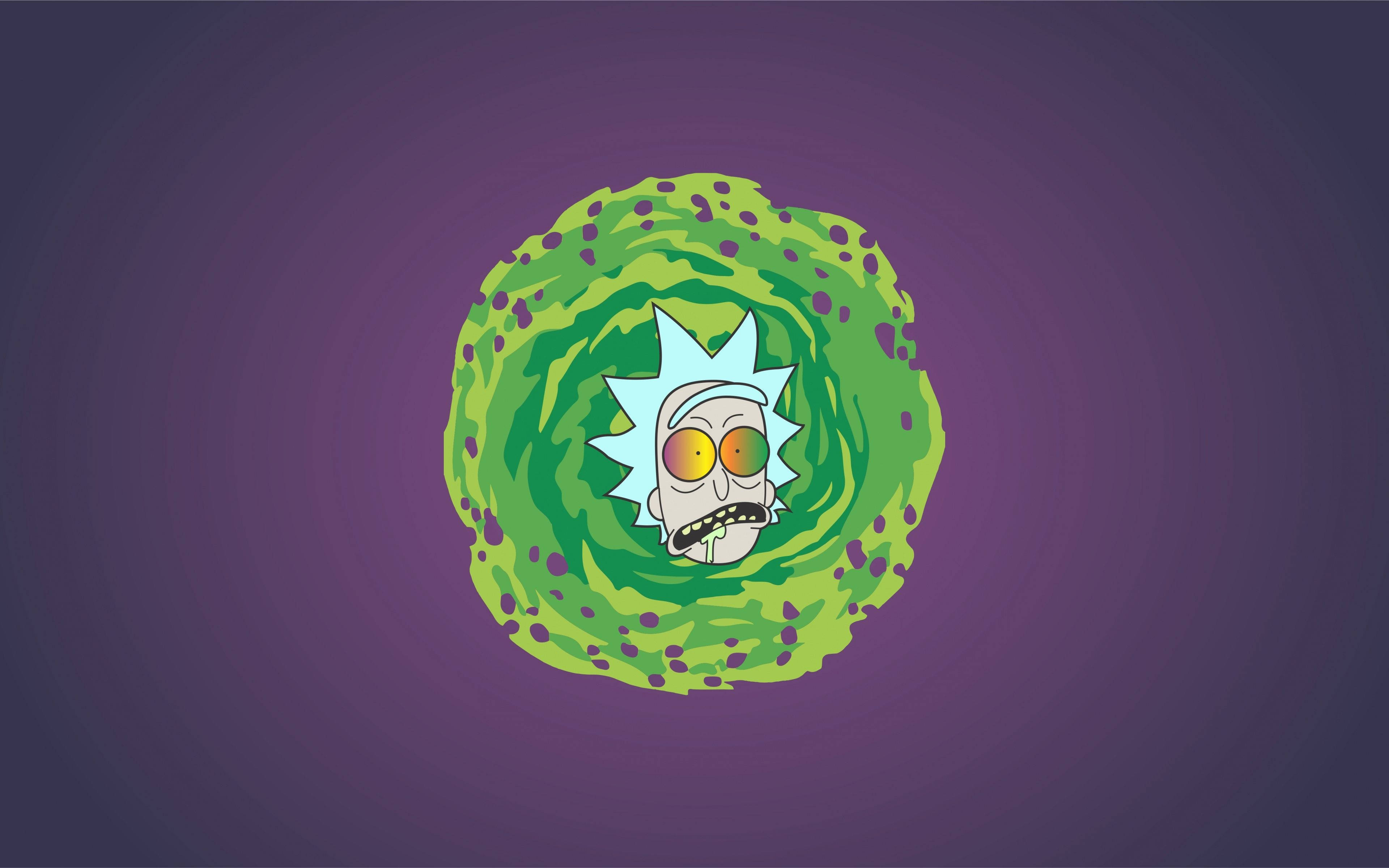 綠色毒霧瑞克與莫蒂 4K 壁紙 — 《Rick and Morty》嘅Rick Sanchez喺紫色漸變背景上，從旋轉嘅綠色傳送門入面瞪大雙眼望住。