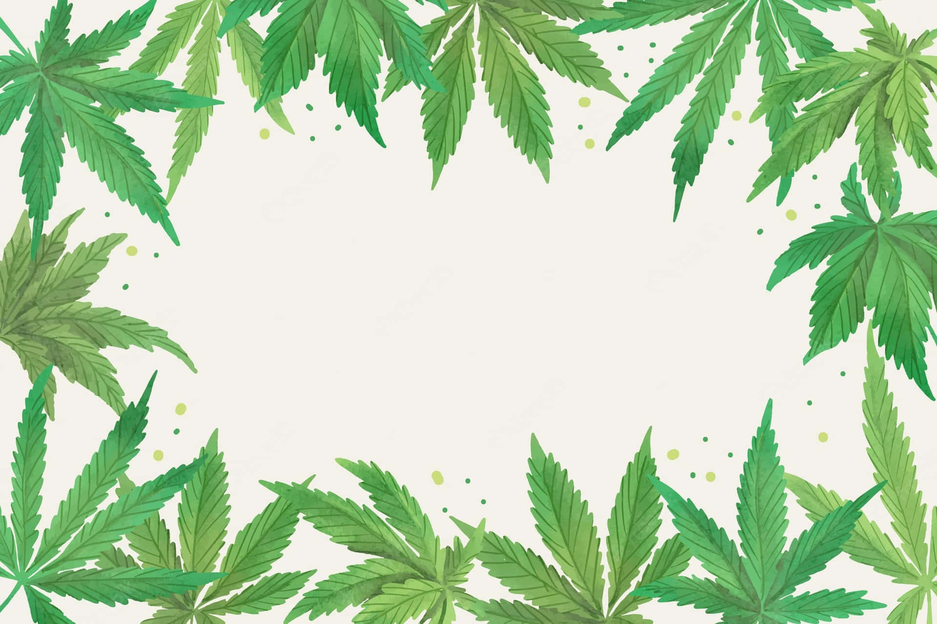 綠色大麻葉排列成裝飾性邊框，奶油色背景上有黃色圓點。