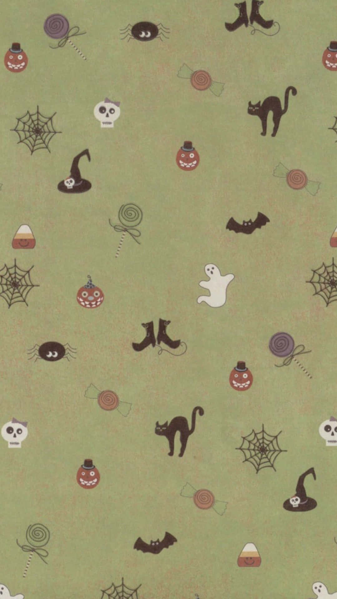 Halloween Phone 桌布 壁紙 — 綠色牆紙，散落著萬聖節圖標，如黑貓、蝙蝠、蜘蛛和糖果。
