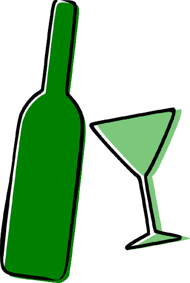 綠色瓶子與雞尾酒杯插畫 壁紙 — 一個大膽的綠色酒瓶和馬提尼杯，以黑色輪廓勾勒在純綠色背景上。