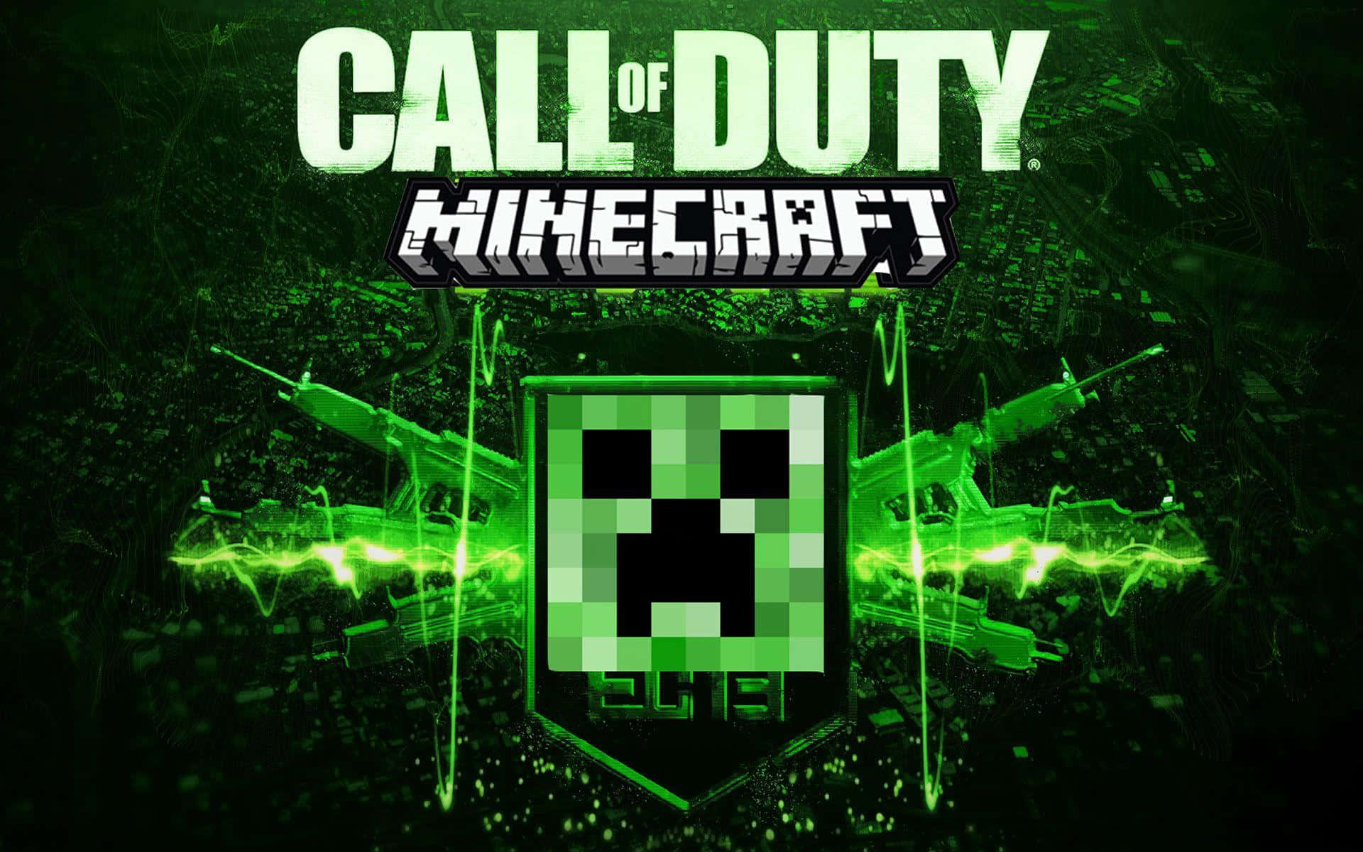 型格 Minecraft 桌布 壁紙 — 綠色發光的Minecraft Creeper面孔，兩側有步槍和心跳線條，背景為深色像素化。