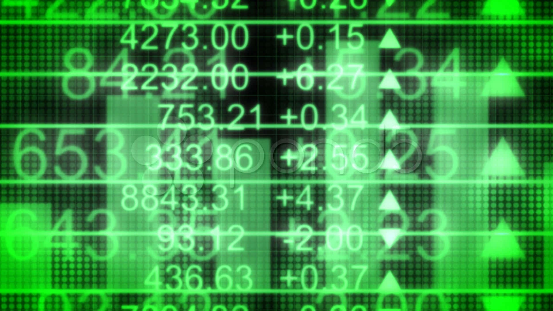 Stock Market 桌布 壁紙 — 綠色發光的數字股票市場行情顯示器在深色網格背景上顯示上升的數值和向上的箭頭。