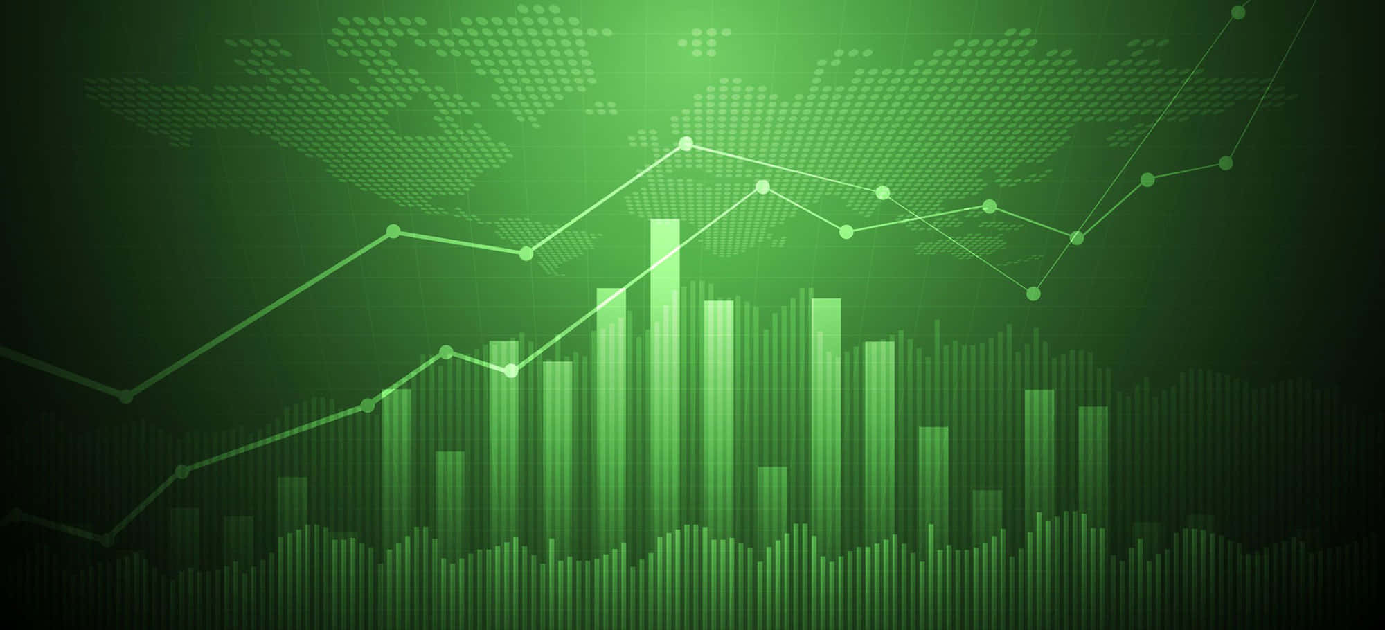 Green Finance 桌布 壁紙 — 綠色發光的金融圖表和條形圖在點狀世界地圖上上升，形成數位數據可視化。