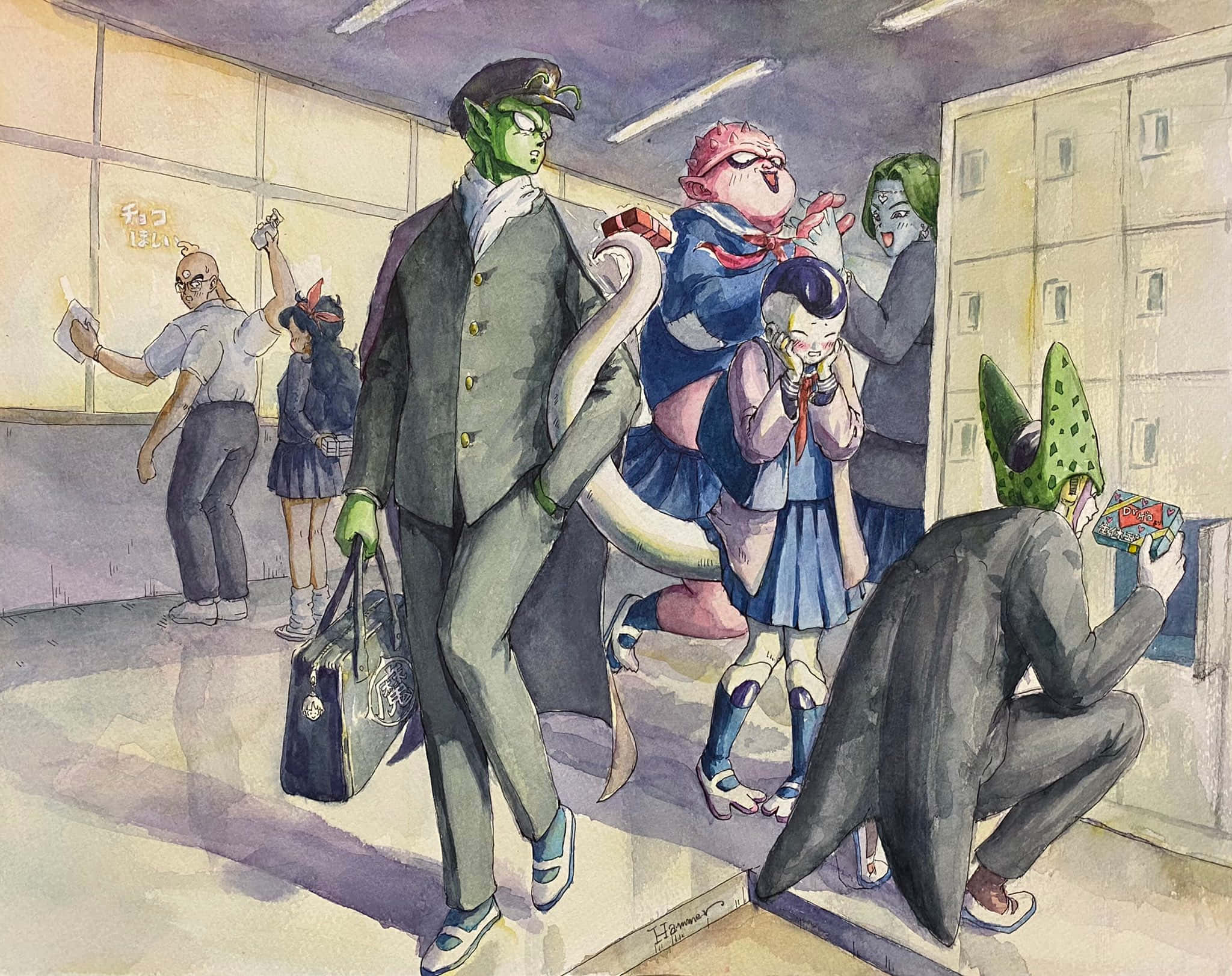 Zarbon 桌布 壁紙 — 綠色皮膚的動漫角色穿著校服，以富有表情的臉孔和動態姿勢穿梭於繁忙的地鐵站。