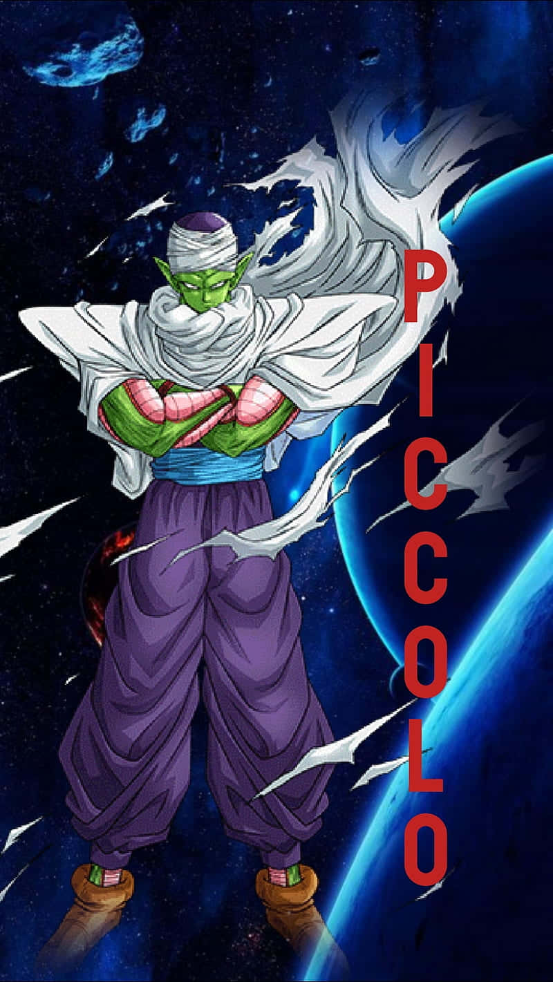 Namek 桌布 壁紙 — 綠色皮膚的笛子魔童在星際宇宙背景下交叉雙臂強力站立，旁邊有一顆發光的藍色星球。