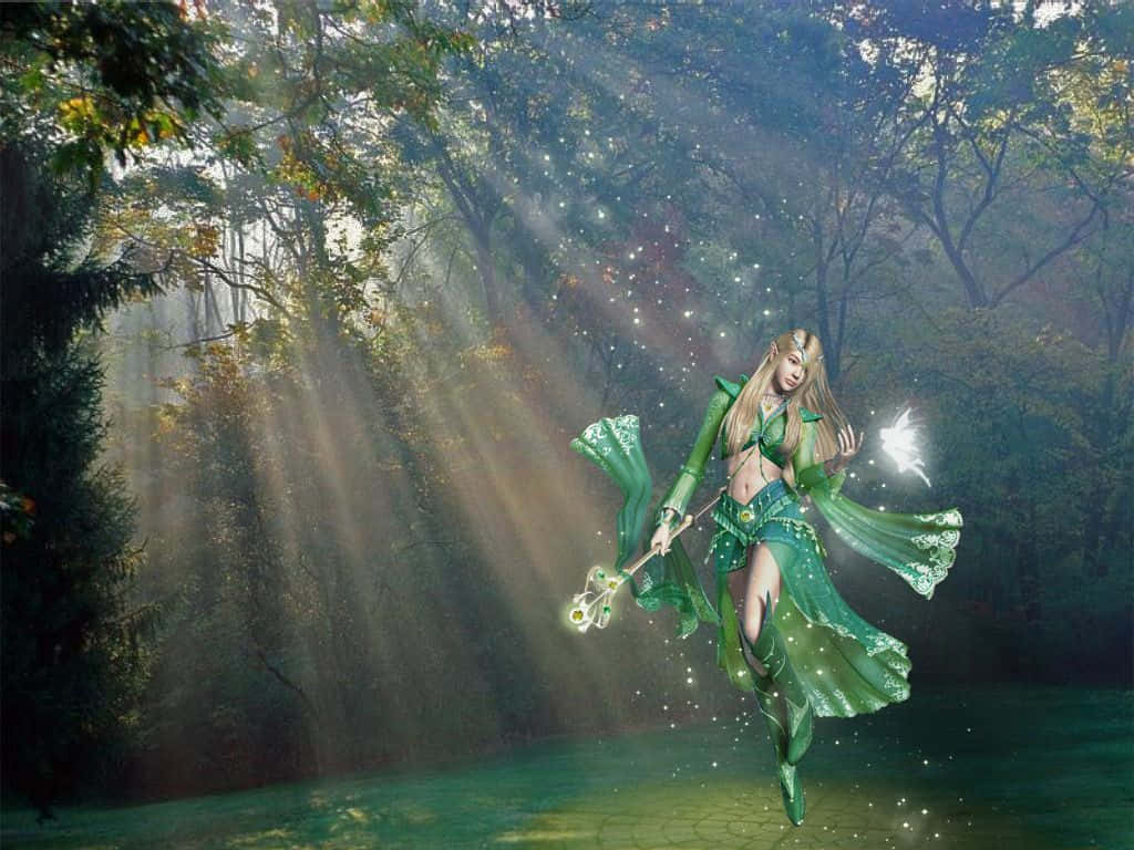 一位發光的綠袍精靈法師在陽光明媚的森林中施展魔法。