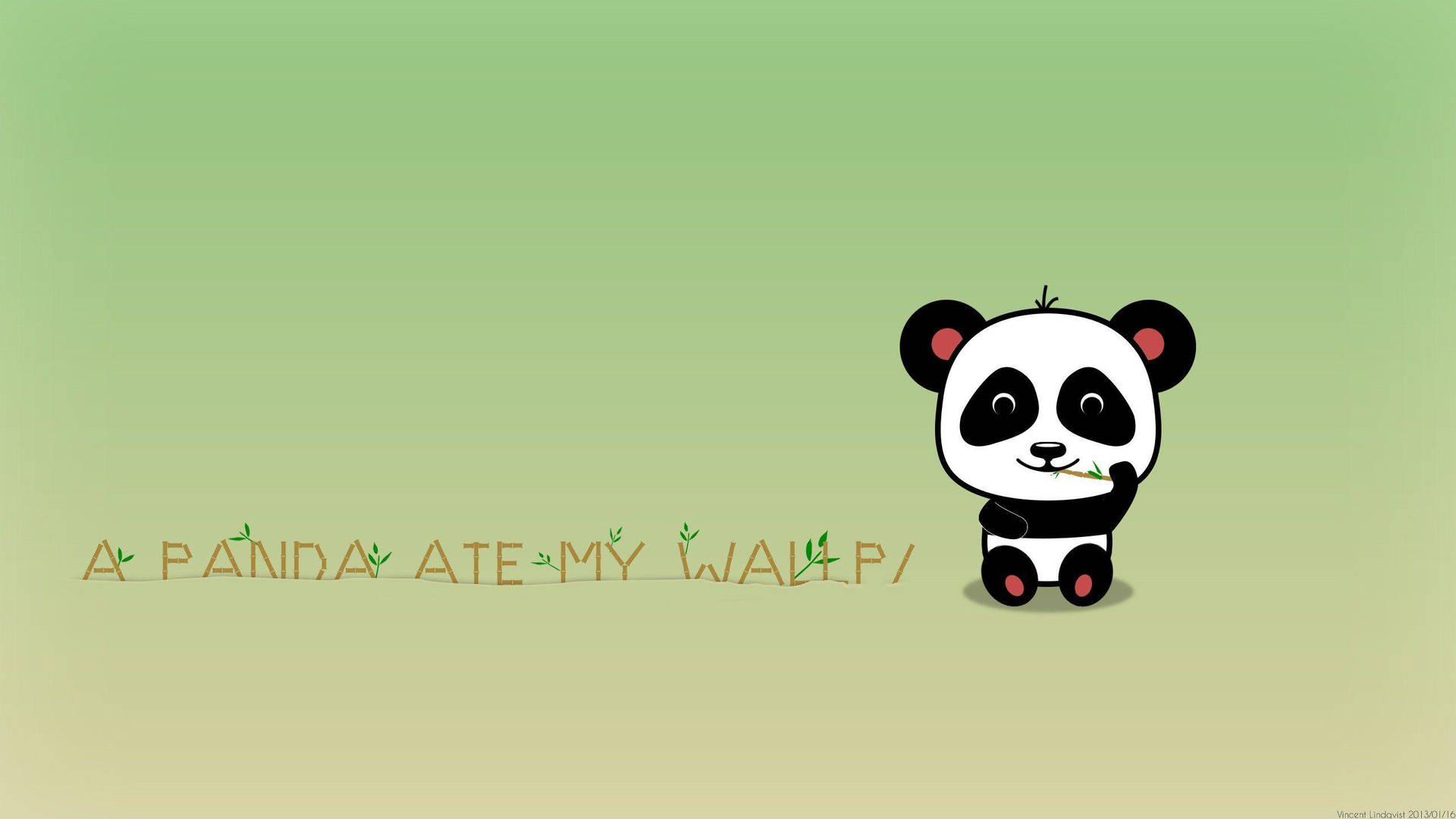 可愛的卡通熊貓拿著竹子，綠色背景上寫著「A PANDA ATE MY WALLPAPER」。