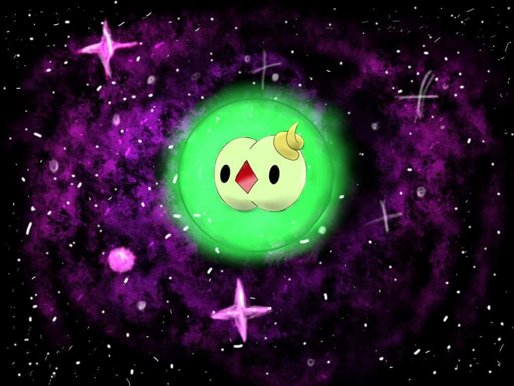 一隻卡通小雞在發光的綠色球體中，漂浮在紫色的星空裡。