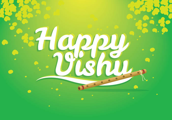 綠色背景上帶有笛子和葉子裝飾的Happy Vishu祝福