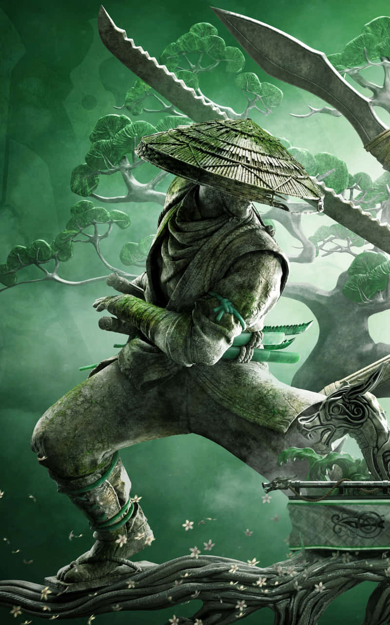 長滿青苔的忍者戰士在綠色森林中蹲著，手持雙刀。