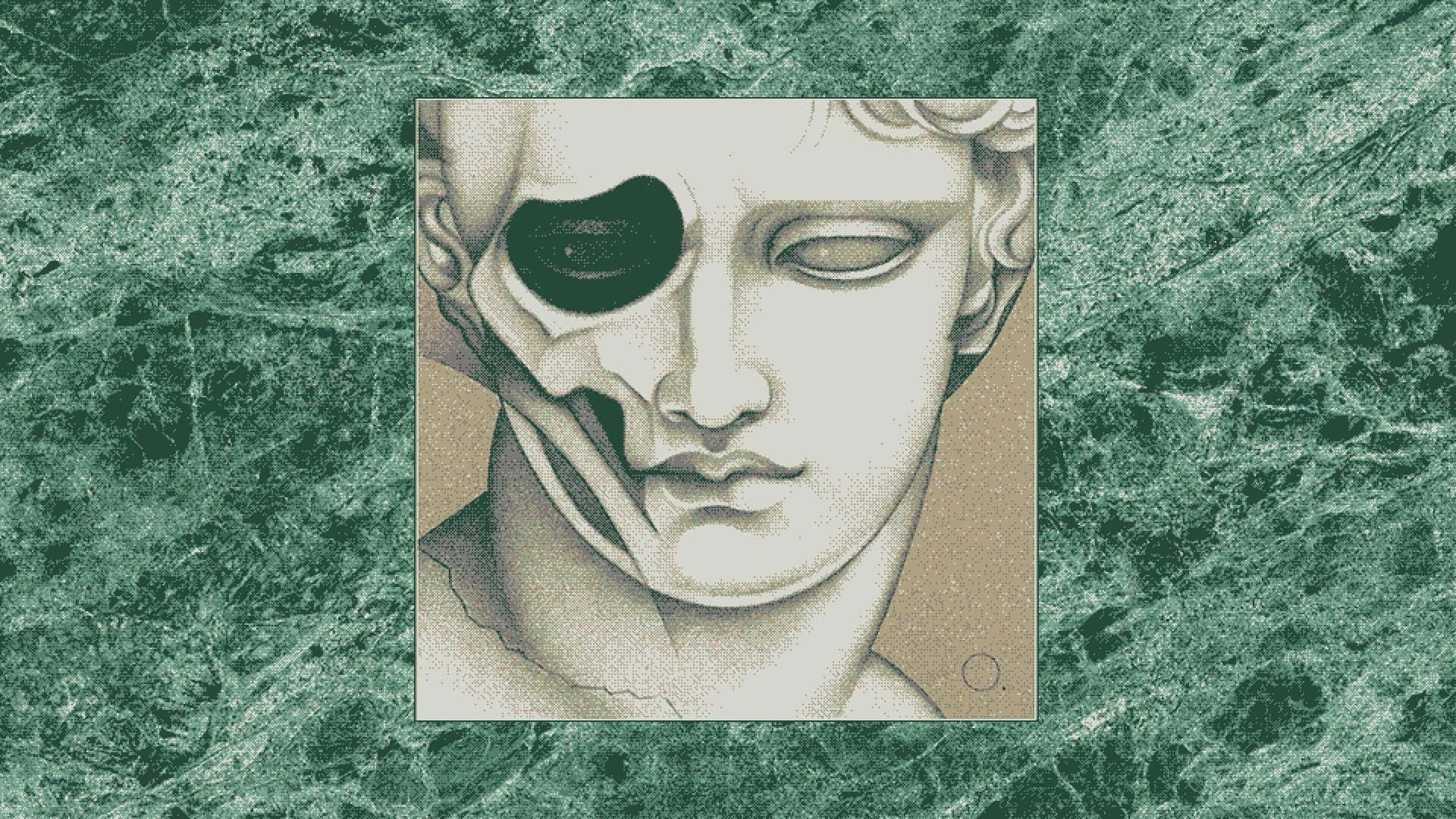 經典大理石半身像，其中一隻眼睛被黑色虛空取代，背景是綠色大理石紋。