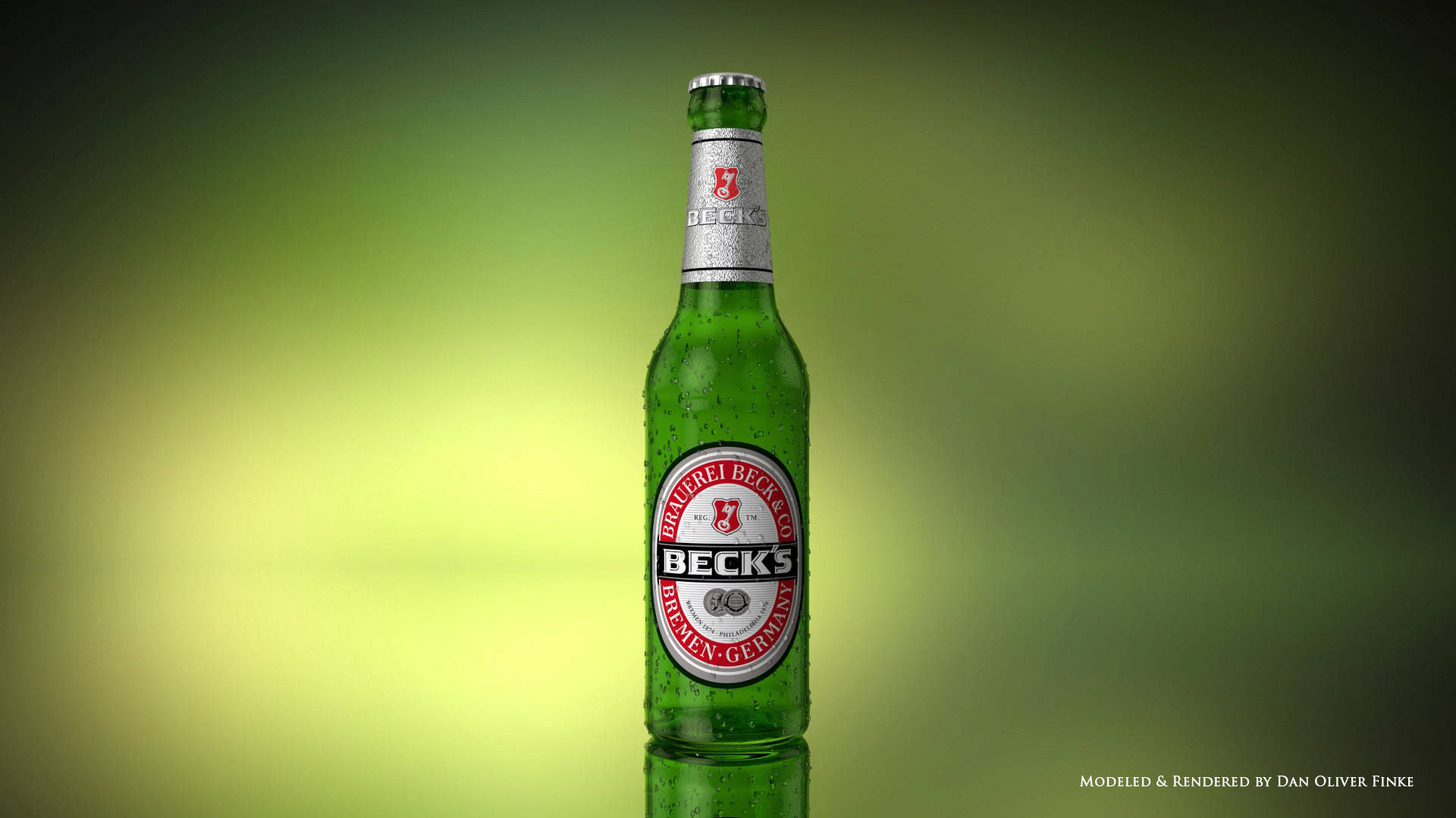 冰凍的Beck's啤酒瓶，綠色漸變背景上有冷凝水珠。