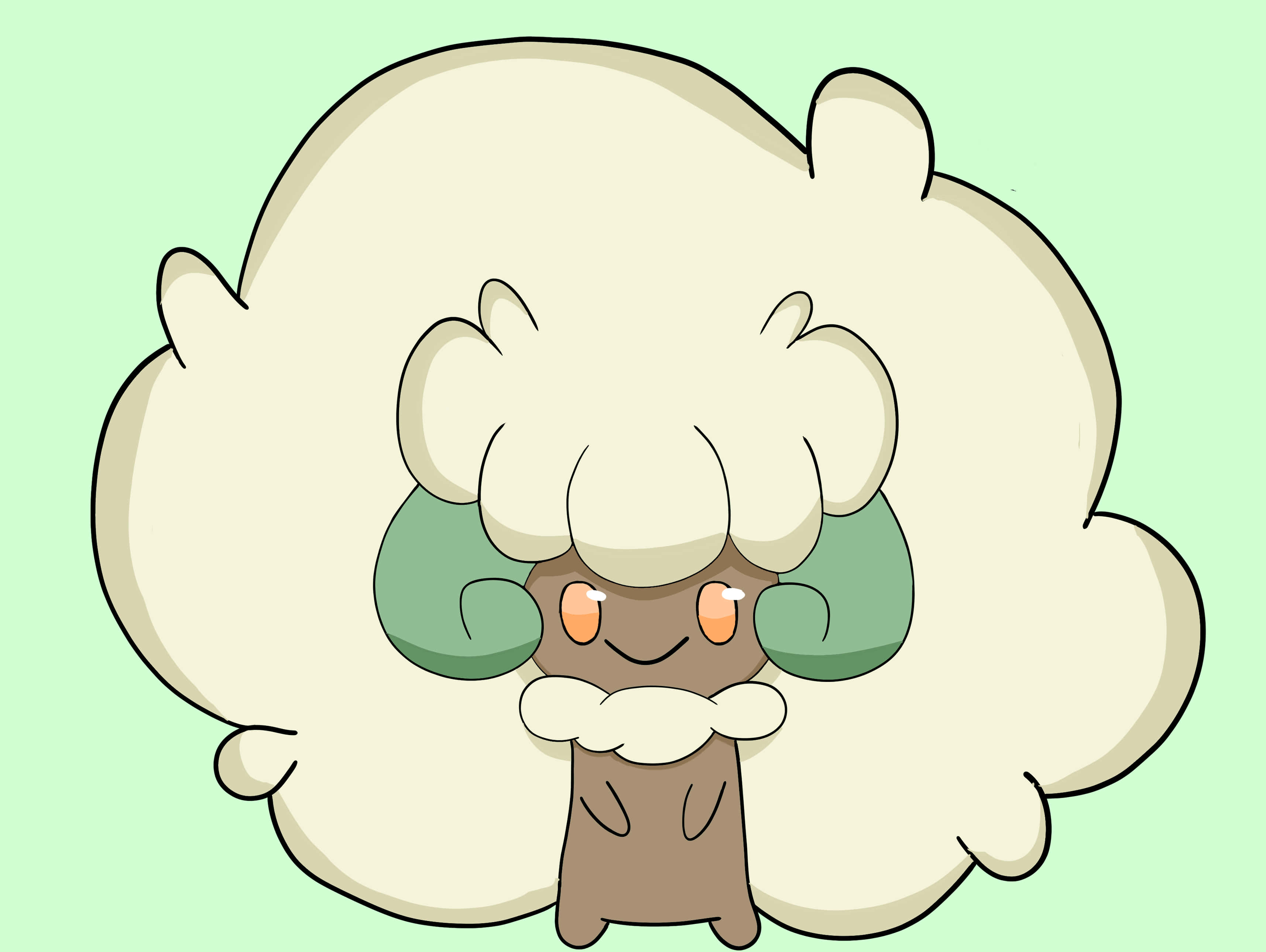 綠色背景上的開心Whimsicott 壁紙 — 一個可愛的 fluffy 雲狀生物，有綠色葉子耳朵和橙色眼睛，在柔和的薄荷色背景上微笑。