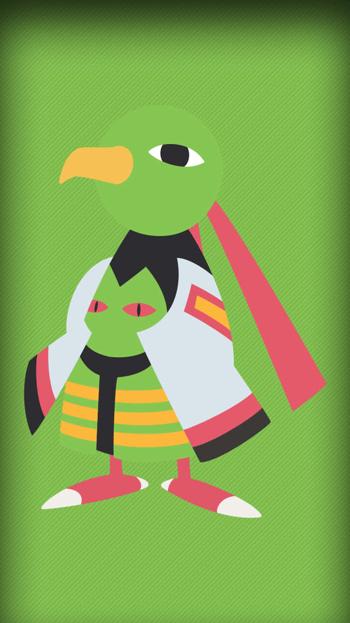 綠色背景扁平化 Xatu 壁紙 — 一隻風格化的綠色鳥角色，有一隻眼睛和紅色腳，站在有紋理的綠色背景前。