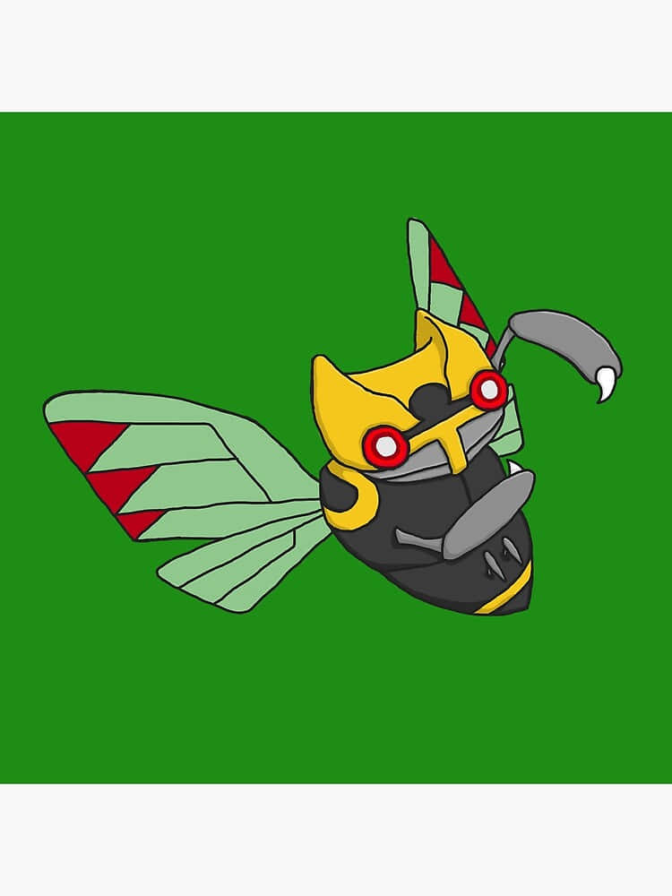 綠色背景的 Ninjask 壁紙 — 一個風格化的卡通昆蟲生物，有紅眼睛、綠色翅膀和黃色點綴，在純綠色背景上飛翔。