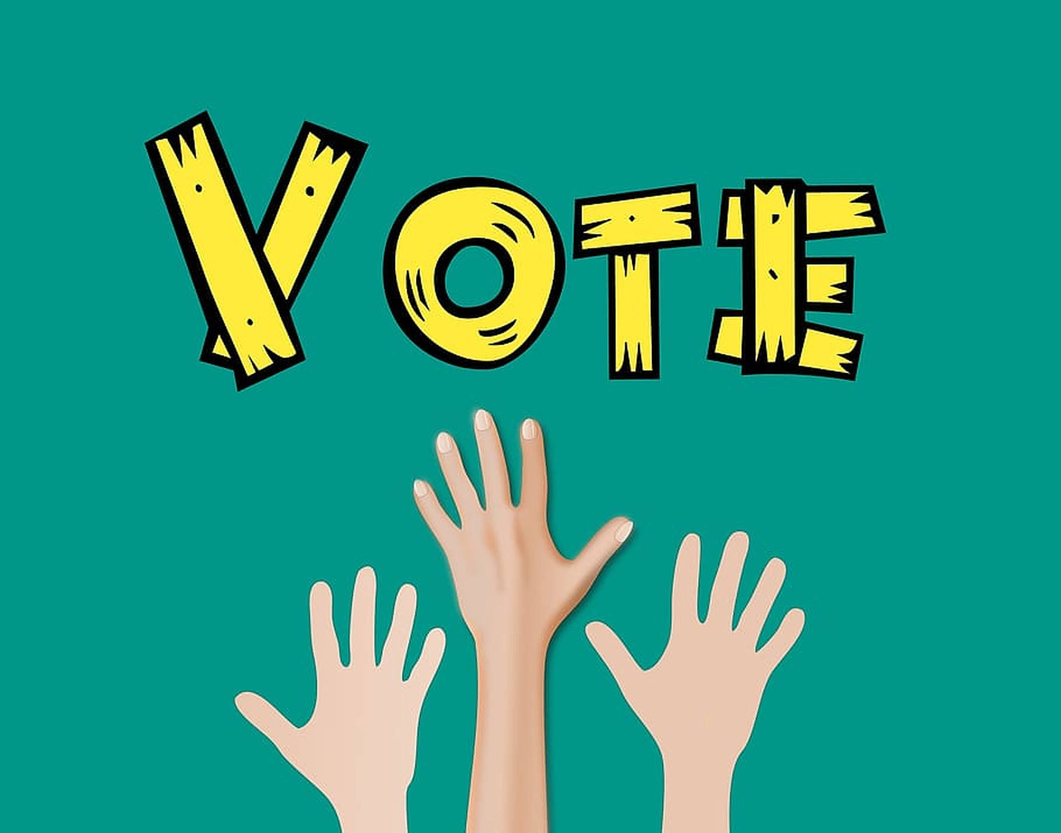 綠色背景選舉海報 壁紙 — 三隻手在青綠色背景上嘅粗體黃色「VOTE」文字下方向上伸展。