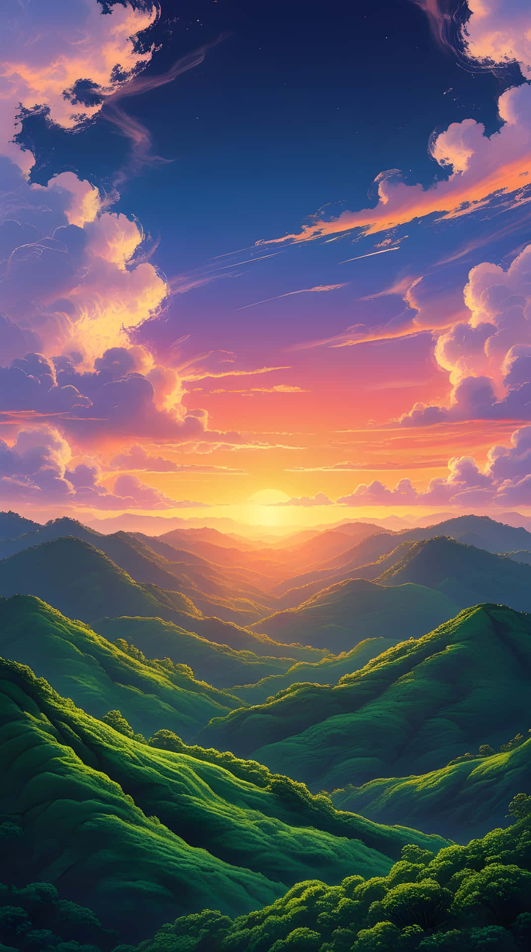 在色彩繽紛的夕陽天空和蓬鬆雲朵下的連綿青山