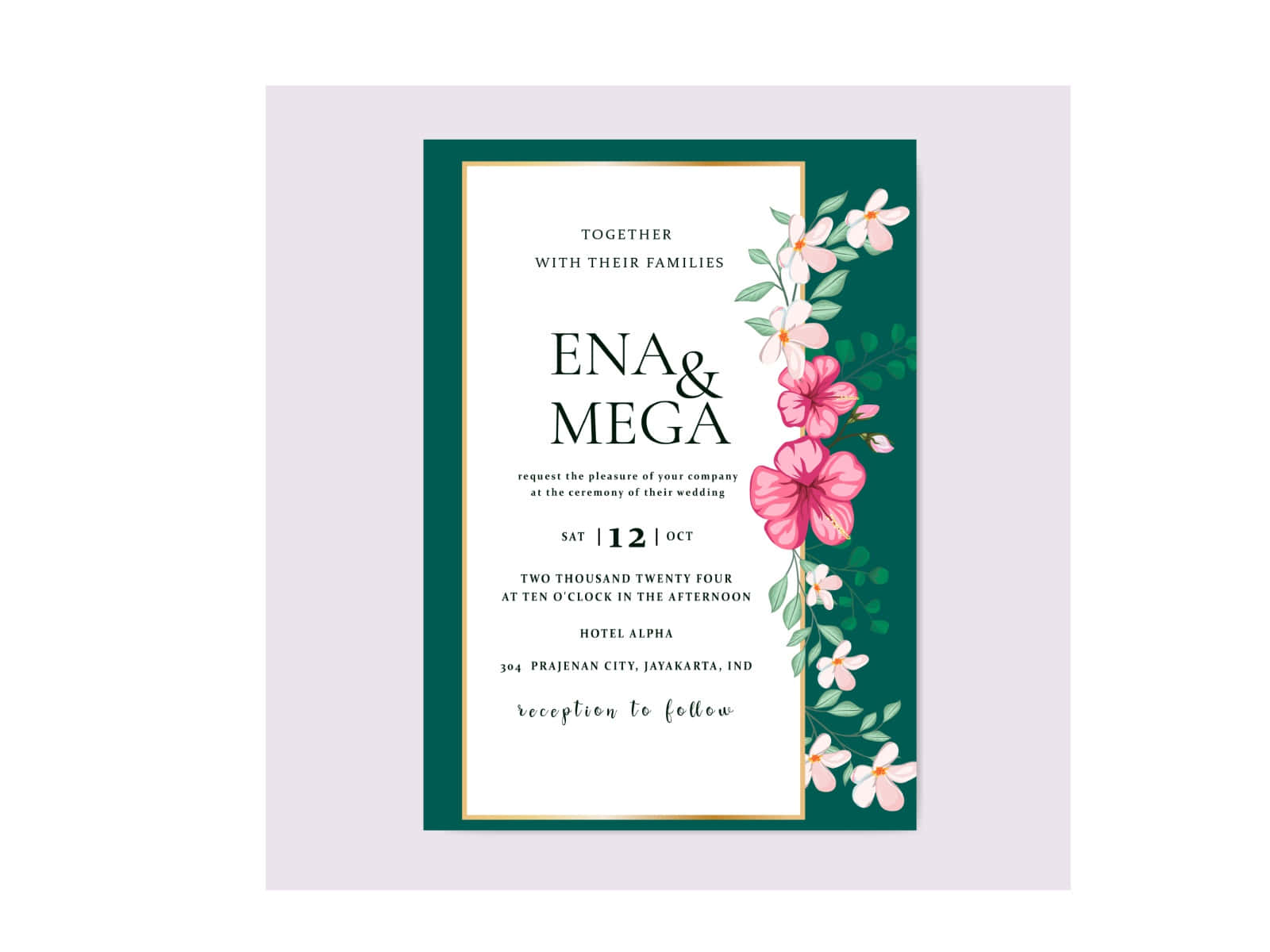 Ena同Mega嘅婚禮邀請函，有花卉邊框同活動詳情。