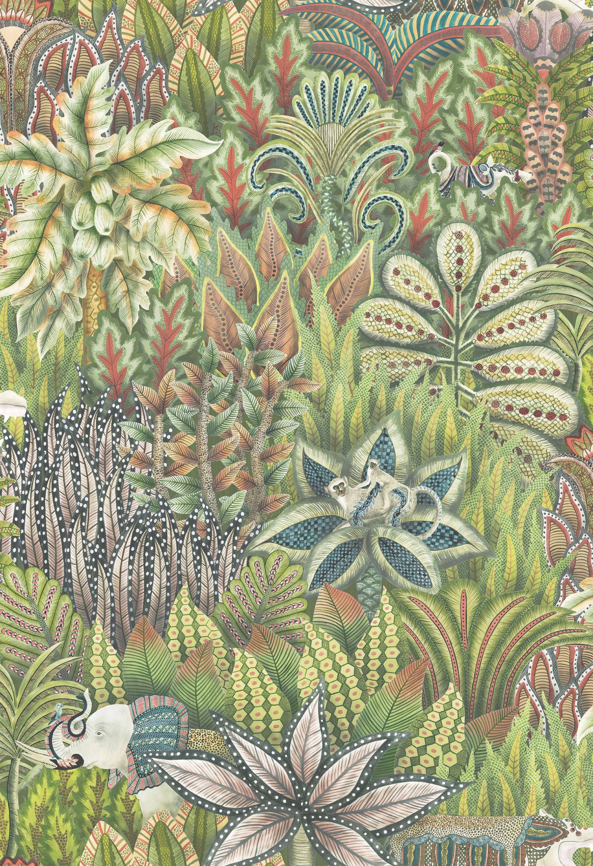綠色花卉植物 壁紙 — 充滿活力的插畫風格叢林壁紙，以豐富的綠色和大地色調呈現風格化的大象和異國情調的葉子。